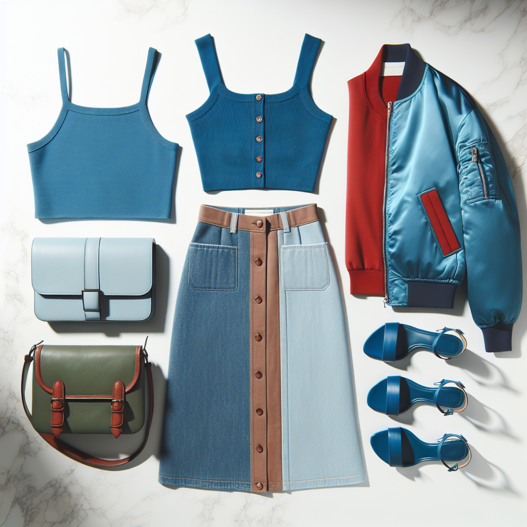 Bold Color-Block Casual Outfit with Blue Tank top, Blue Midi skirt, Blue Sandals, Red Bomber jacket, Green Crossbody bag