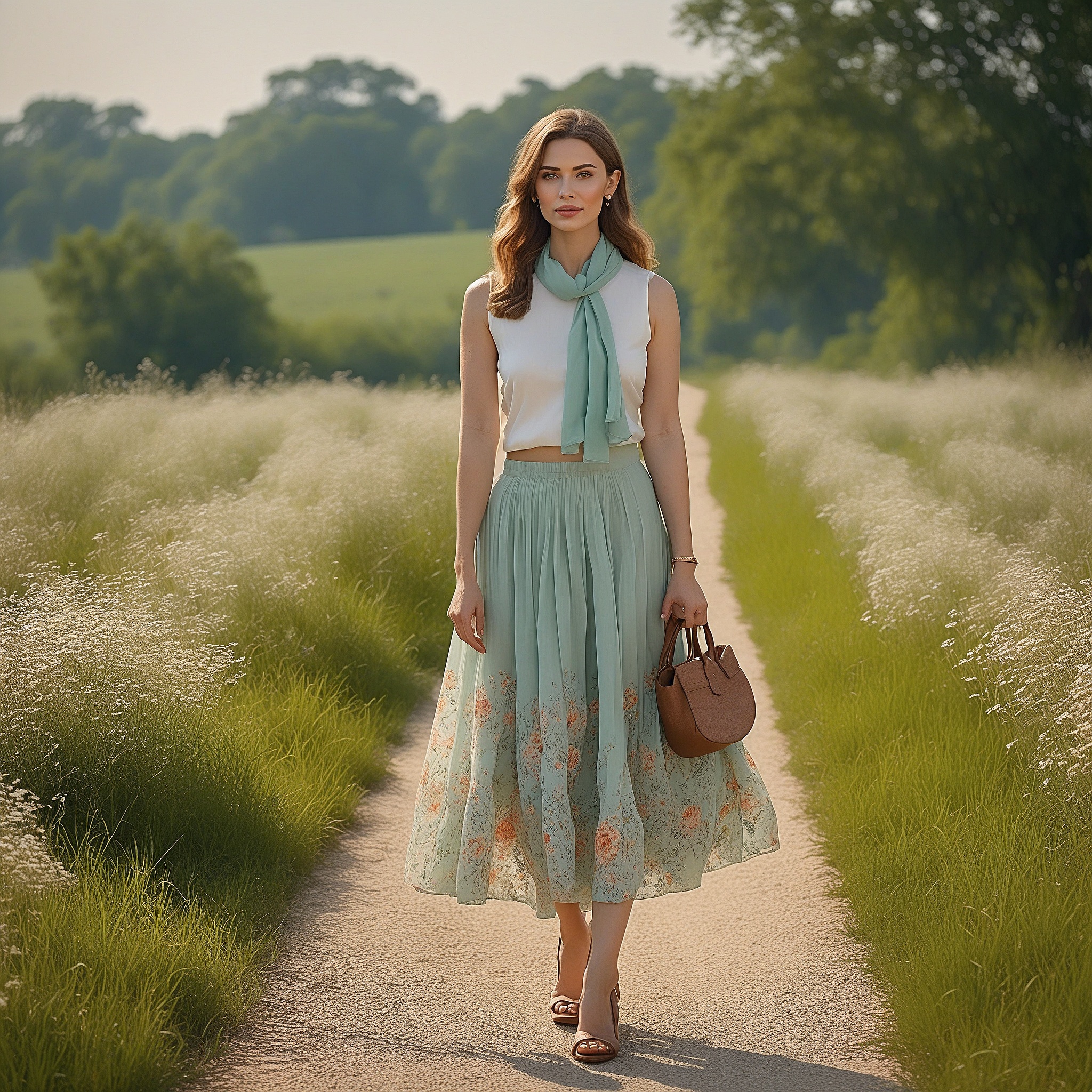 AncPleated Ancle Lenght Floral Mint Skirt With Chiffon Sleevless Blouse