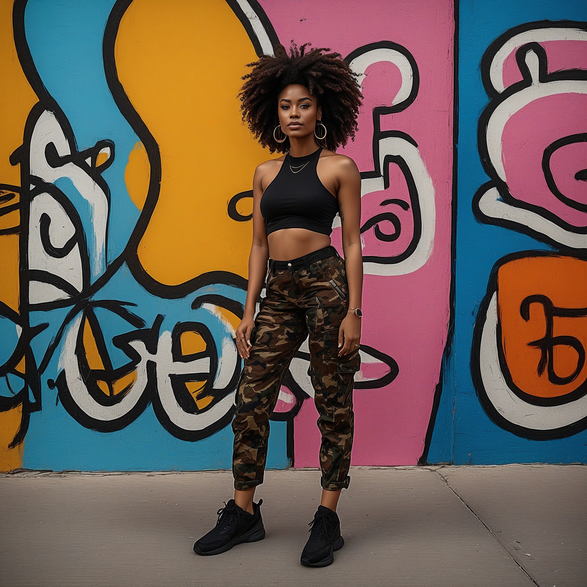 Black Halter Crop Top and Camouflage Cargo Pants