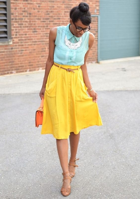 Blue Sleevless Button Down Shirt and Yellow Midi Skirt
