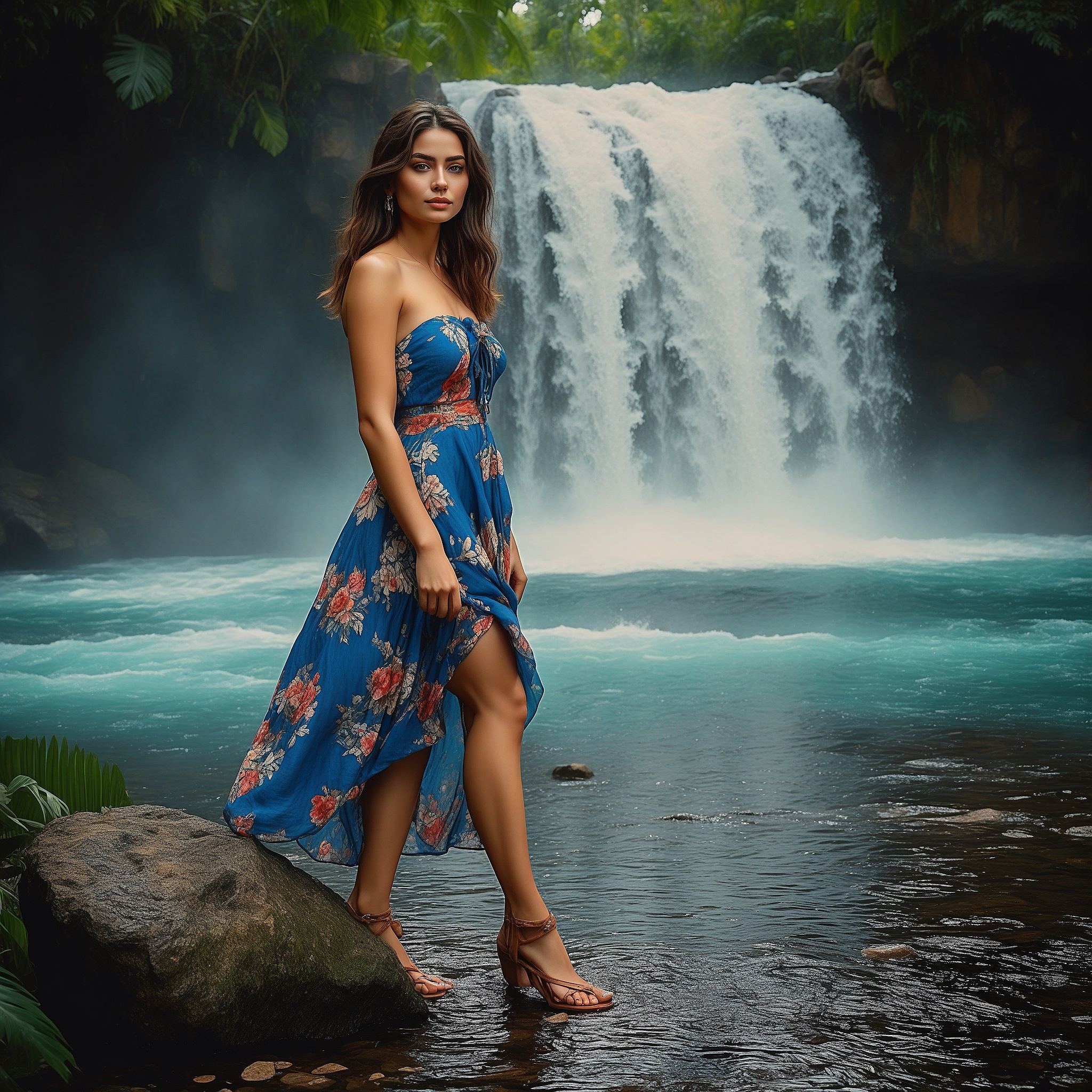 Blue Strapless Dress With a Floral Print