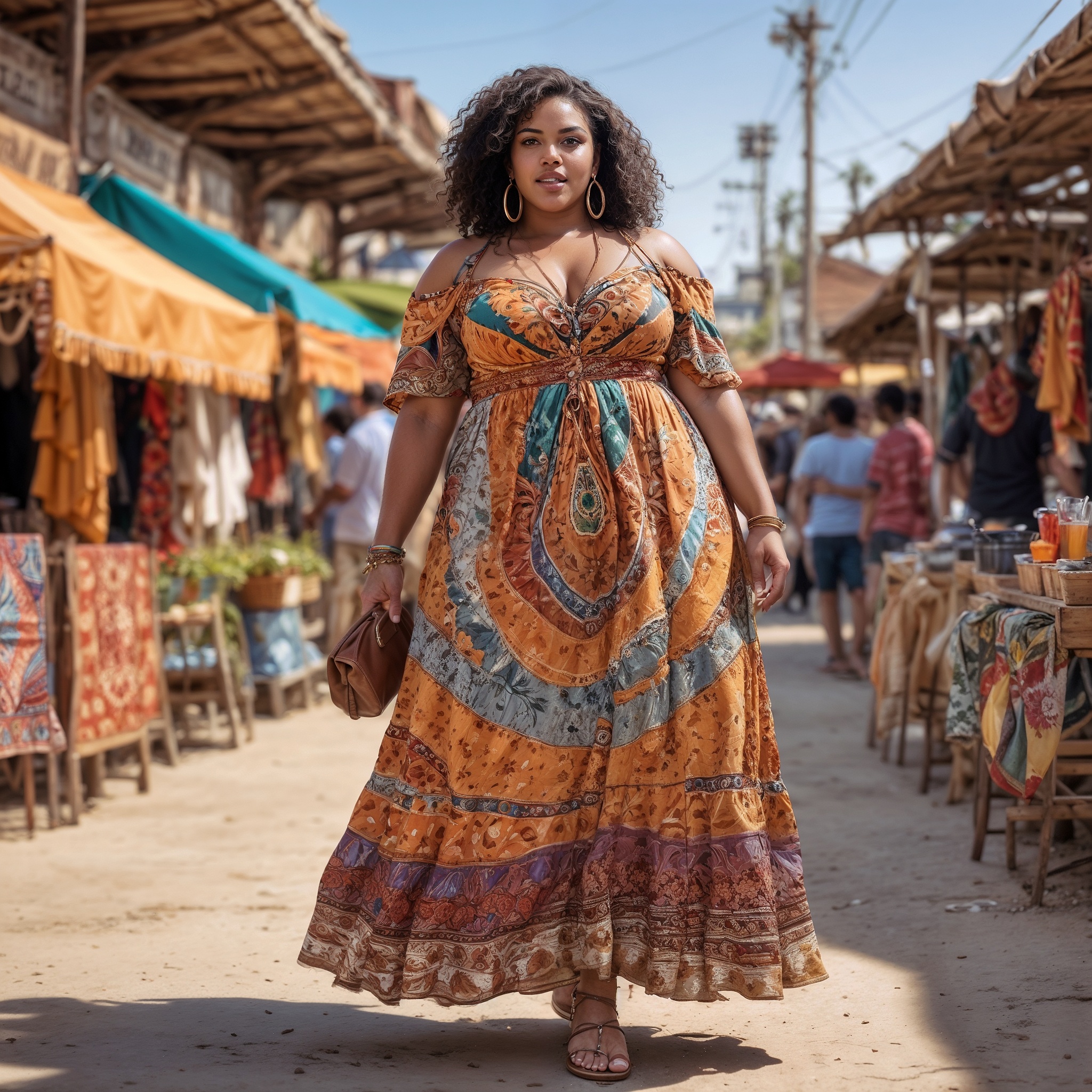 Bohemian maxi dress with intricate patterns, AND gladiator sandals,