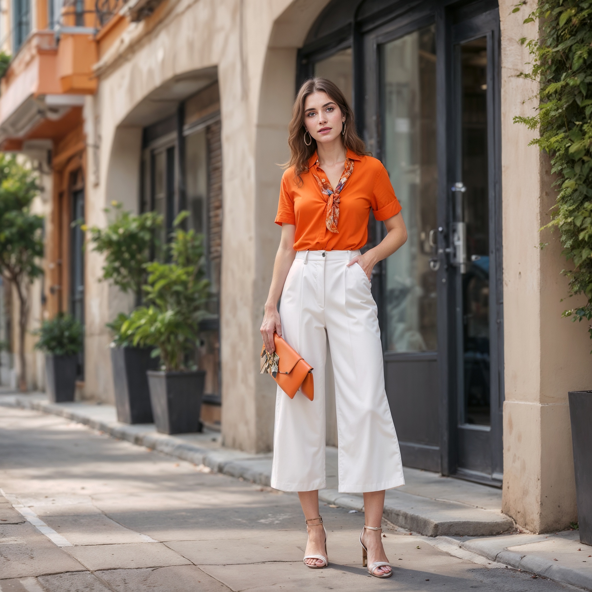 Bold orange wrap blouse with short sleeves, paired with white high-waisted culottes, colorful scarf and loafers,