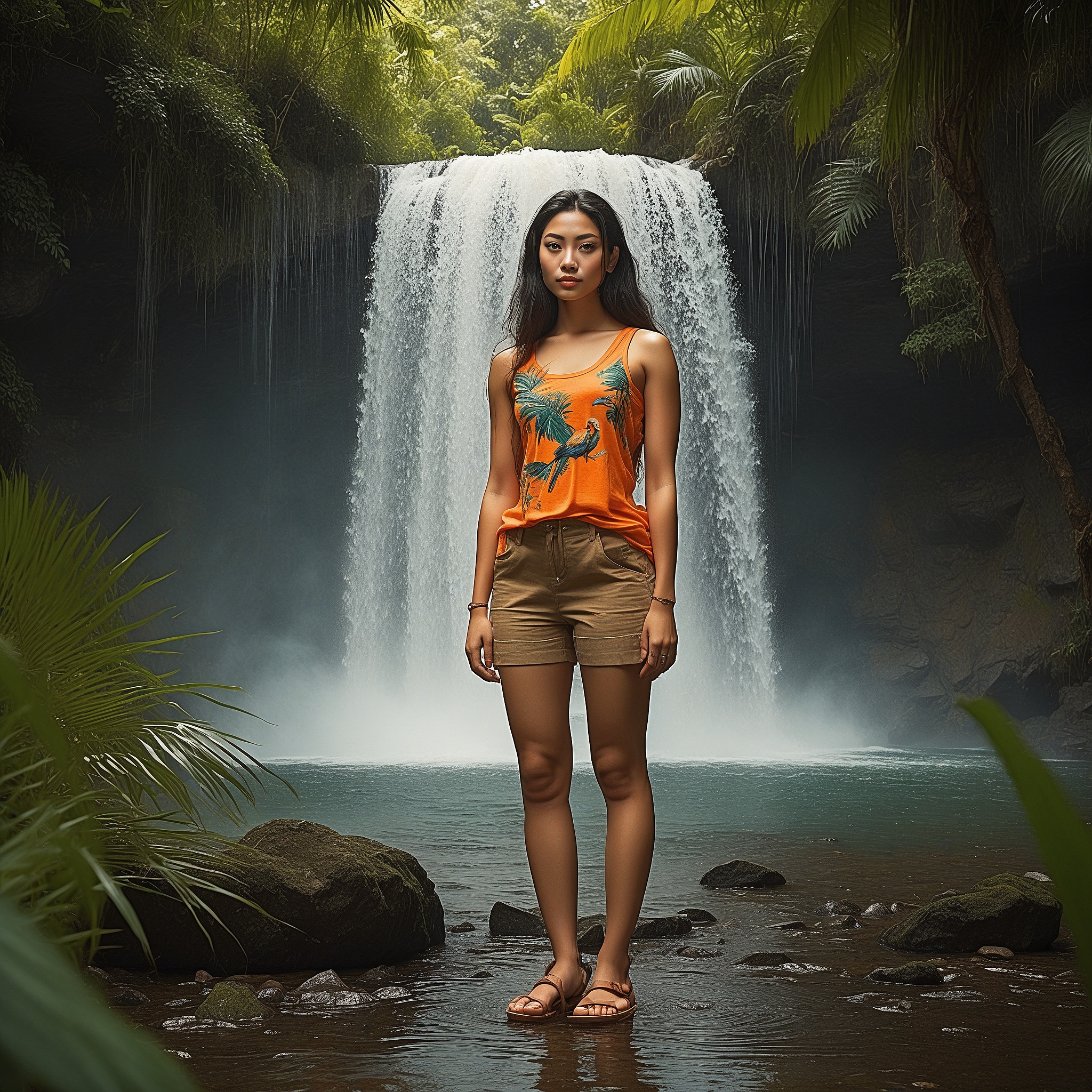 Bright Orange Cotton Tank Top And Khaki Shorts