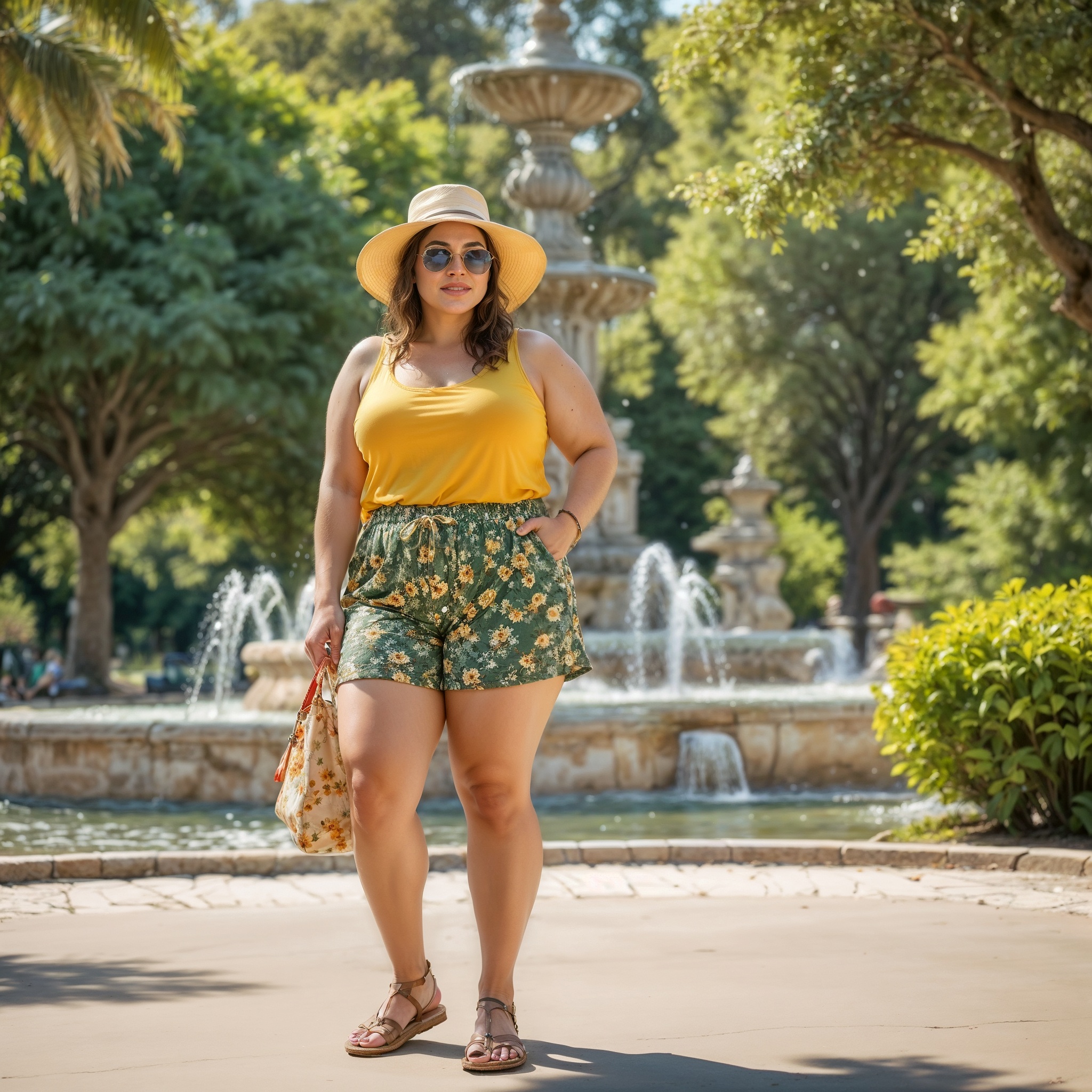 Bright Yellow Tank Top and Floral Print Shorts, And Flip-flops