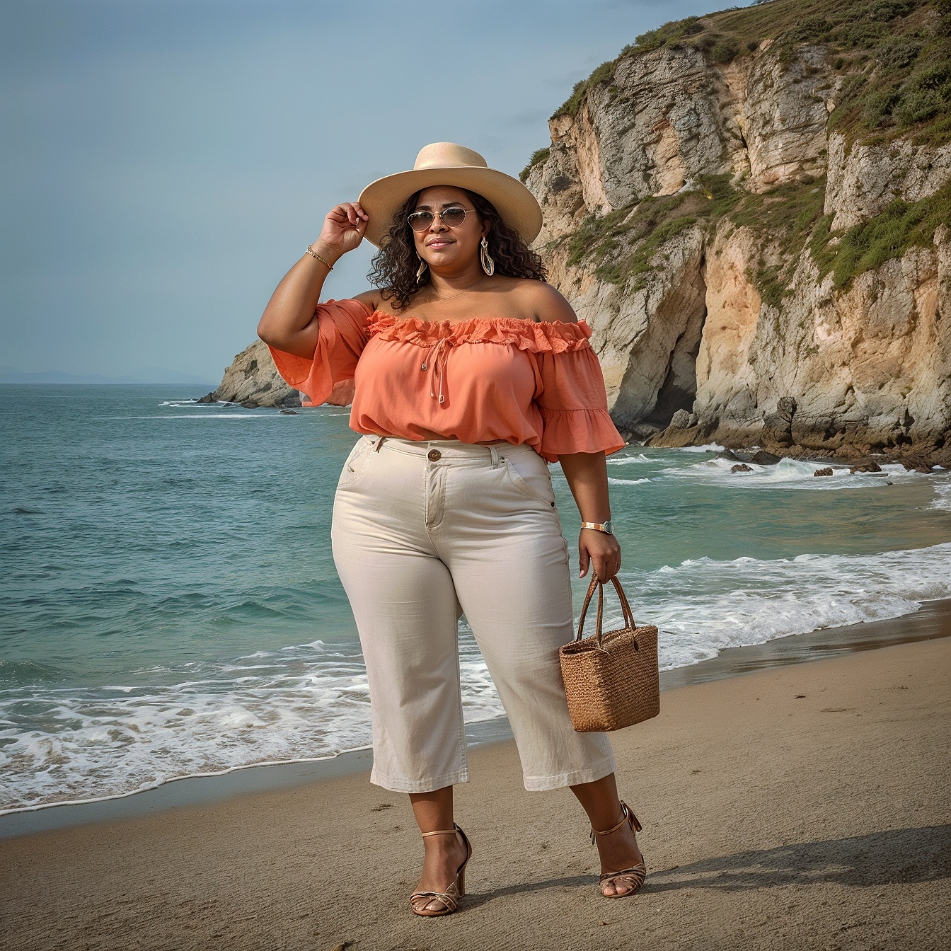 Coral Off-shoulder Ruffle Top and White Capri Pants Brown Leather Sandals