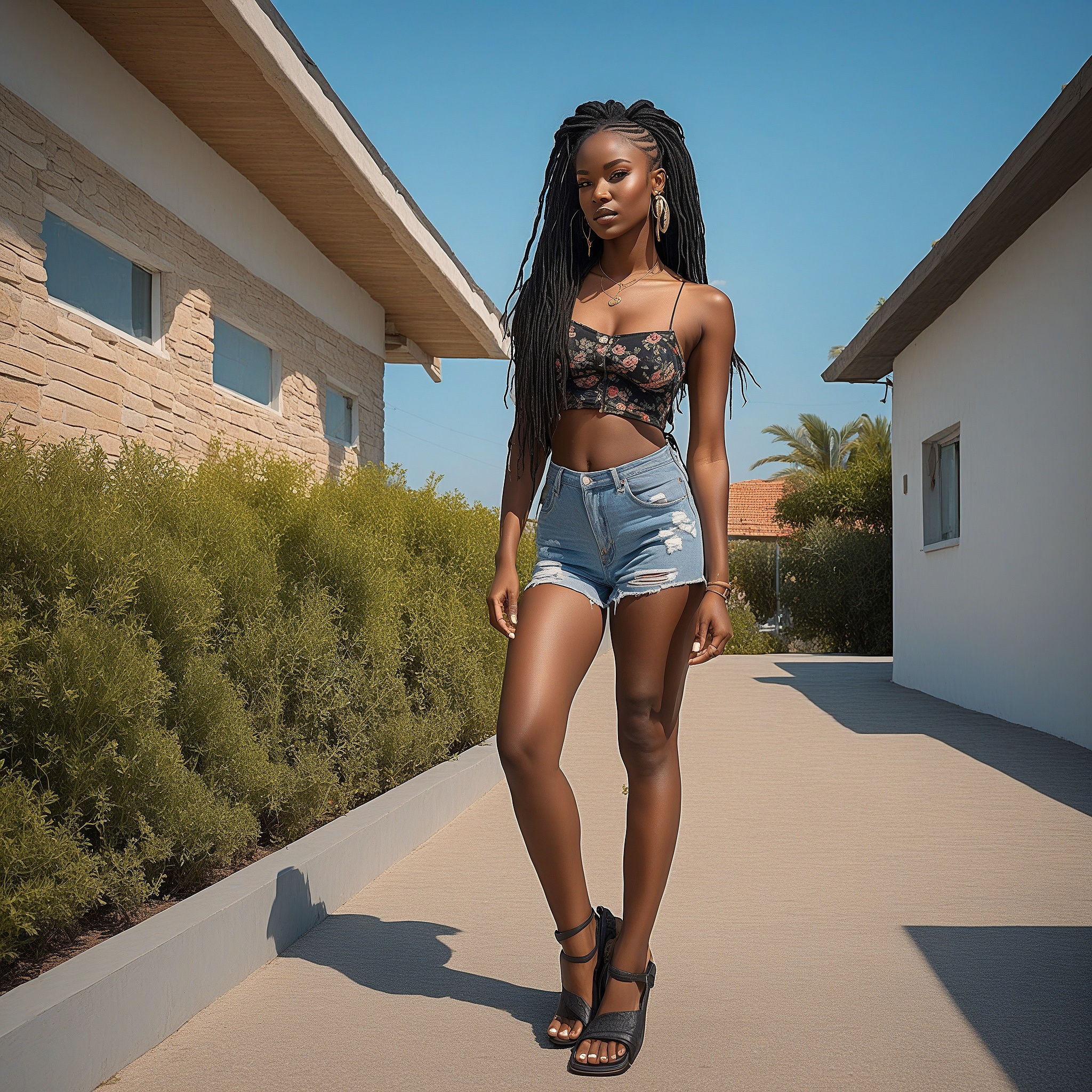 Floral Crop Top, Denim Shorts, and Sandals