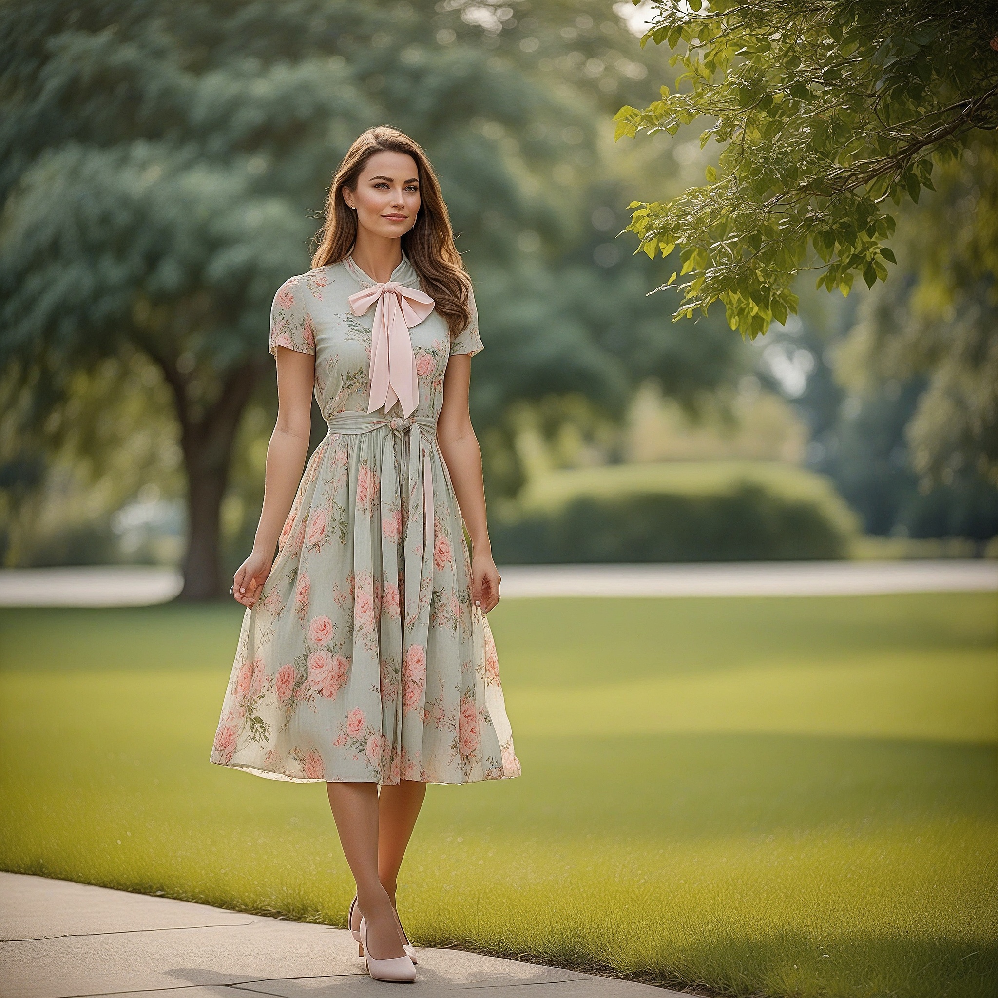 Floral Short Sleeved Midi Dress With Bow Scarf And White Flats