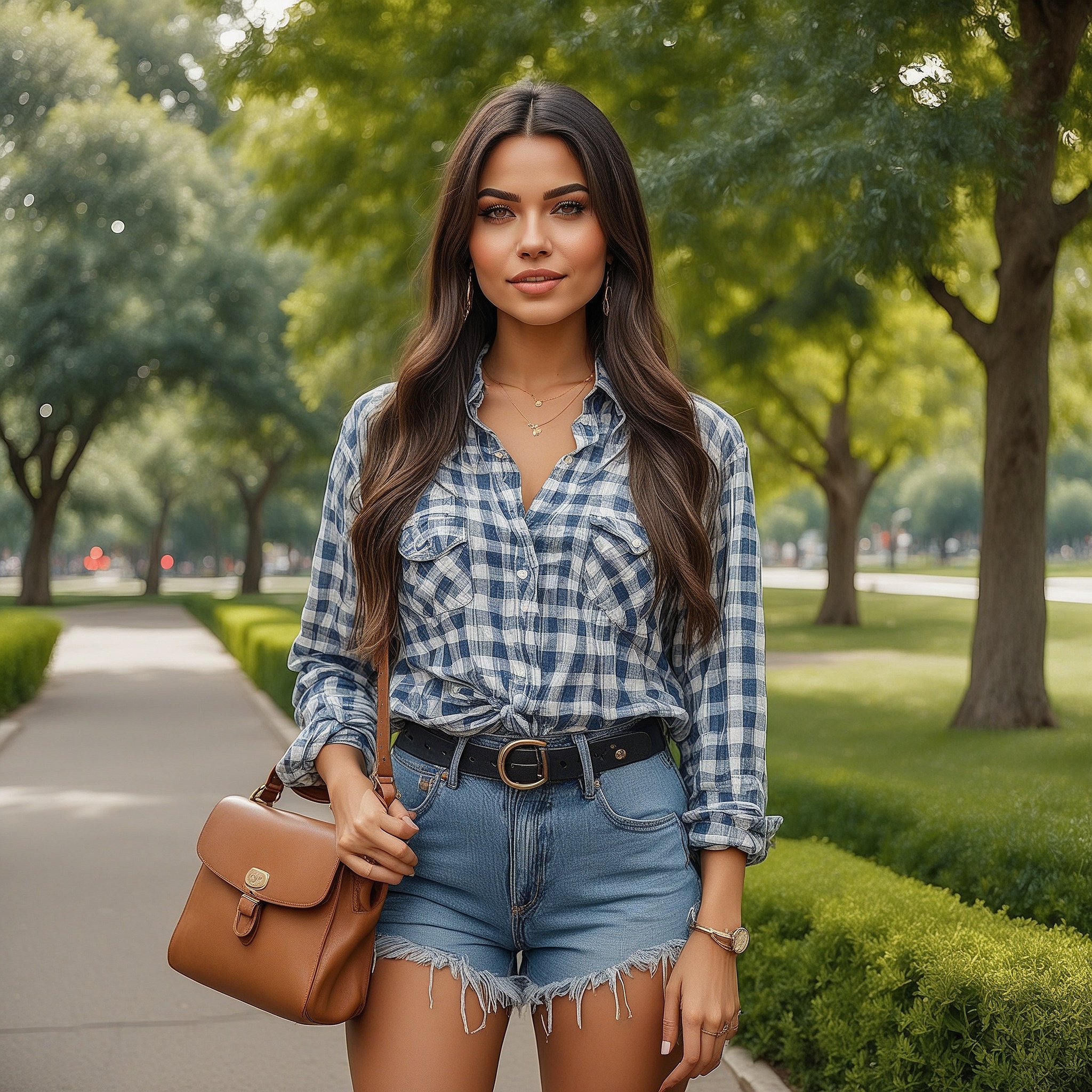 Gingham button-down shirt (tied at the waist) and denim cut-offs