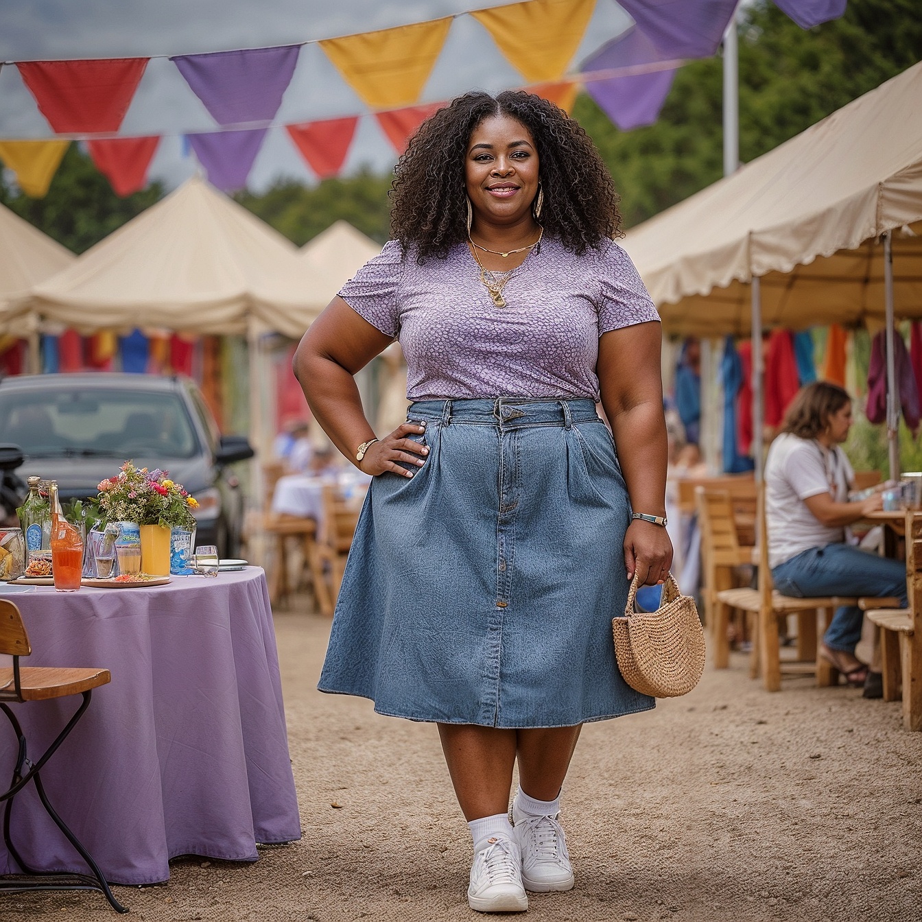 Lavender Short-sleeved Striped Blouse and Denim Skirt, With White Sneakers1