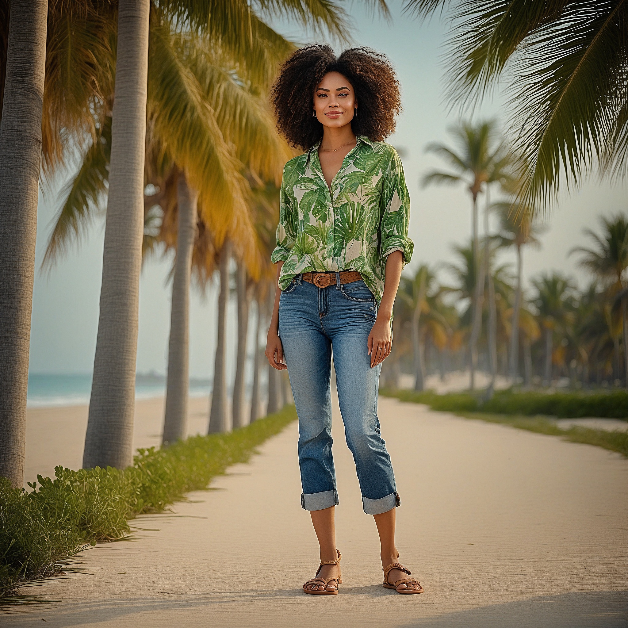 Light Green Cotton Blouse Wnd Denim Capris