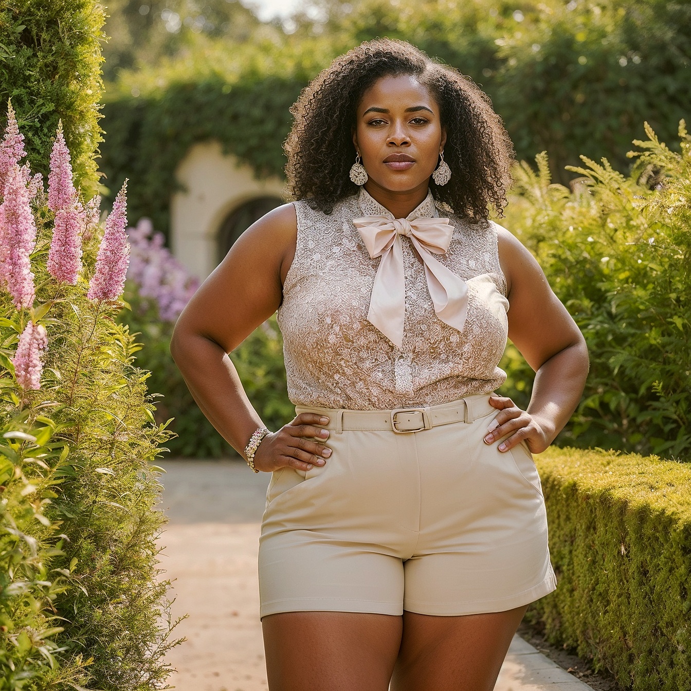 Light Pink Sleeveless Blouse With a Bow Tie With High-waisted White Shorts