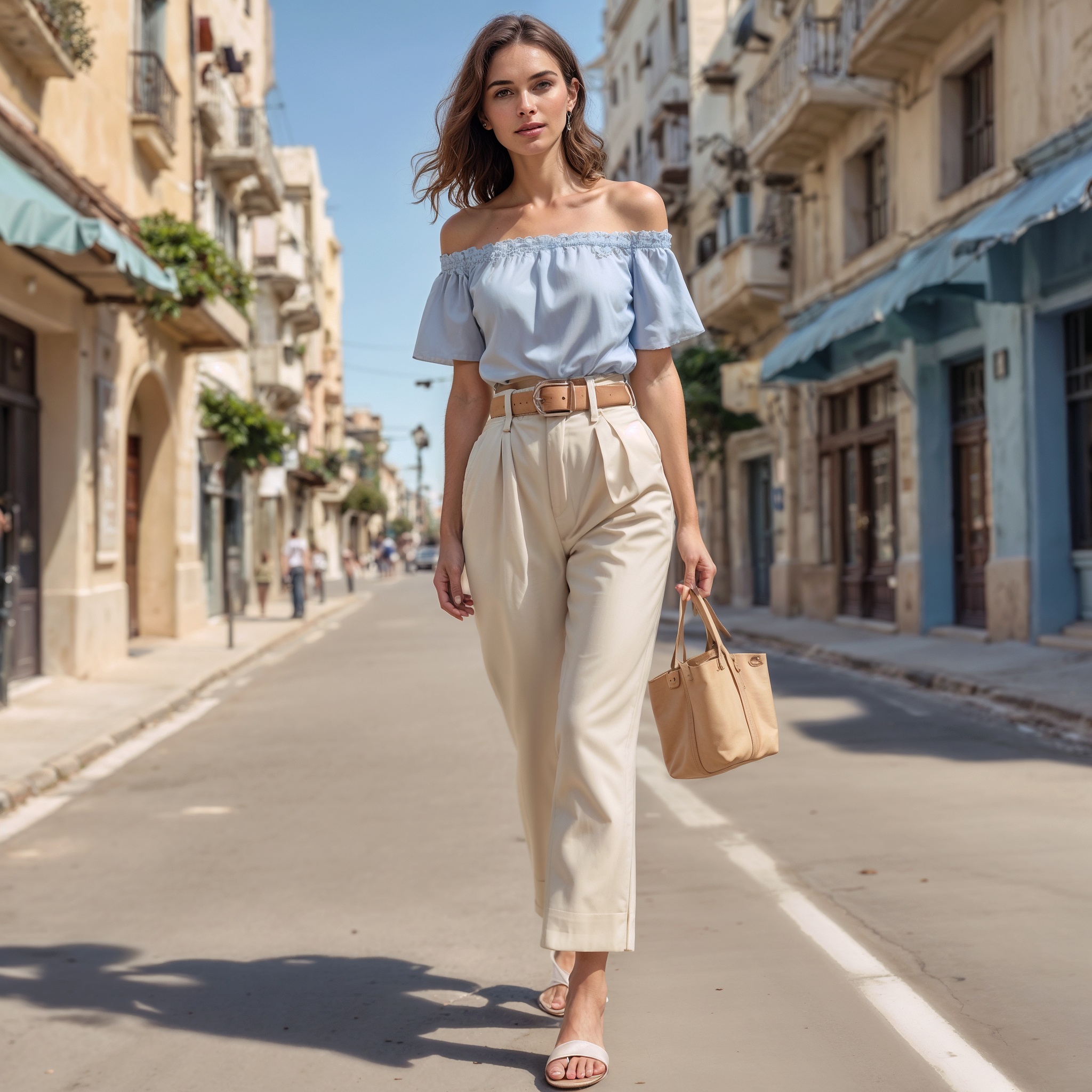 Light blue off-the-shoulder blouse, high-waisted beige trousers accessorized with a thin belt1,