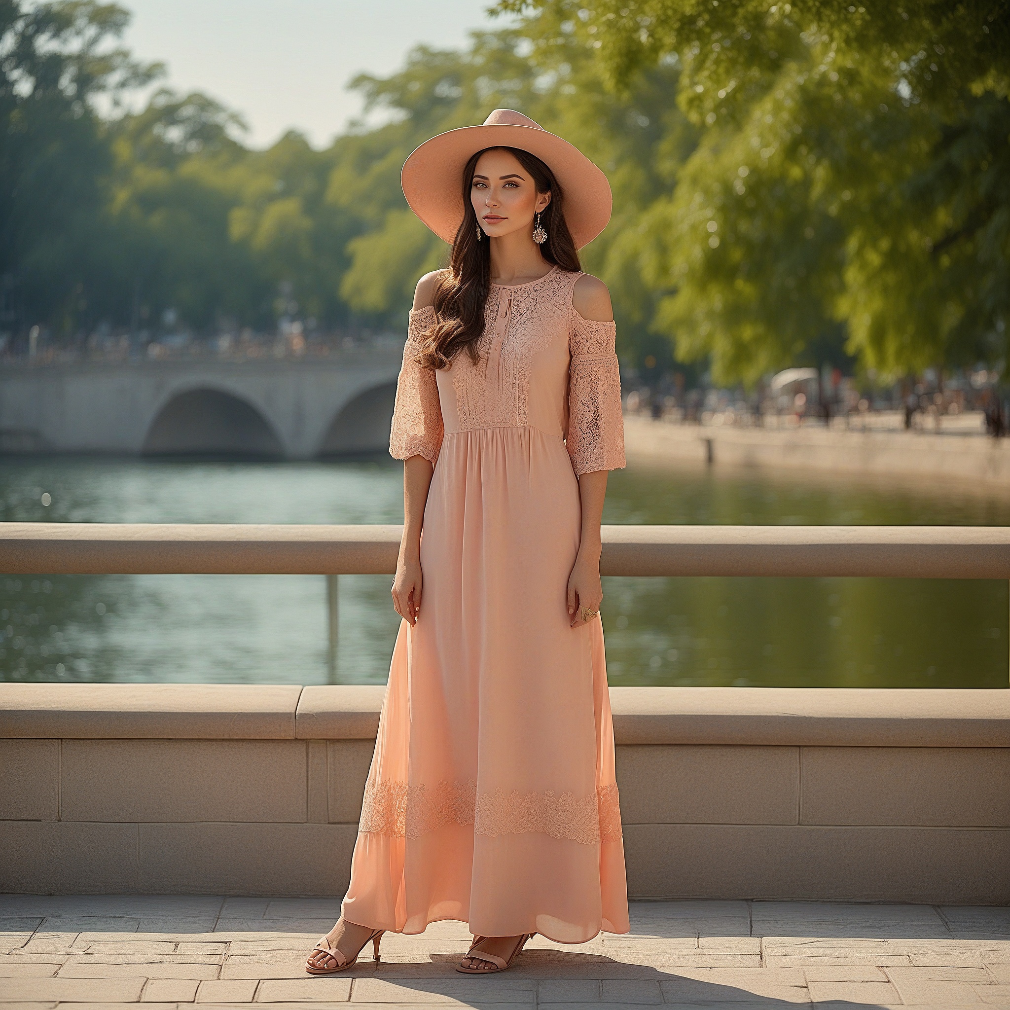 Loose Fitting Maxi Coral Dress With Lace Sleeves