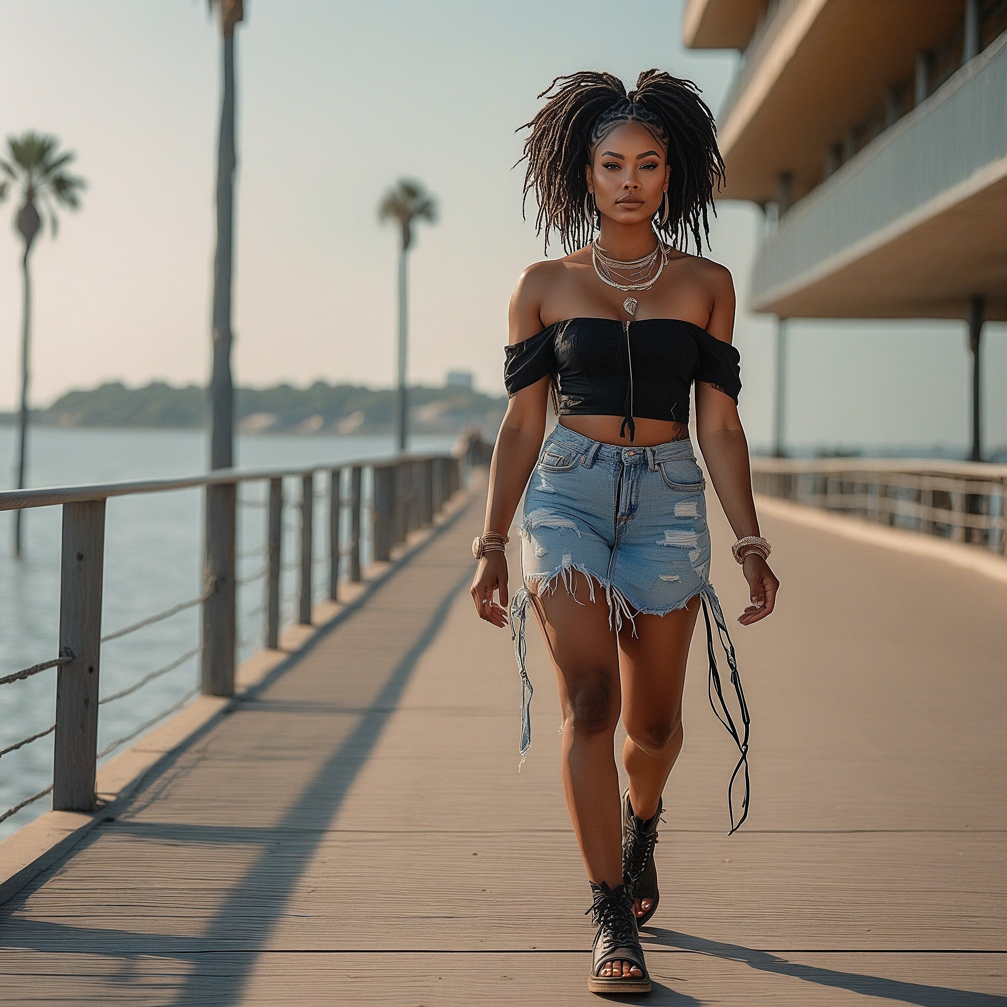 Off Shoulder Crop Top And Distressed Denim Mini Skirt