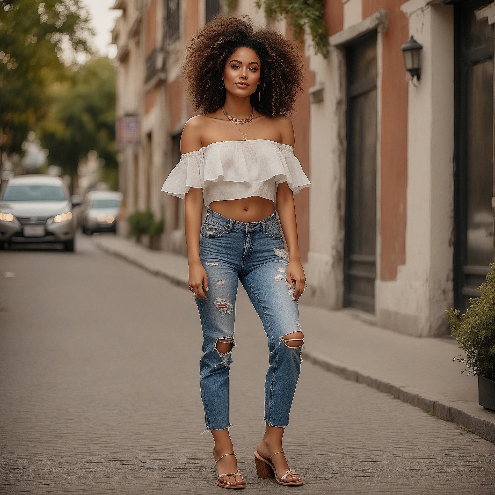 Off-shoulder Ruffled Top, Ripped Jeans, and Sandals