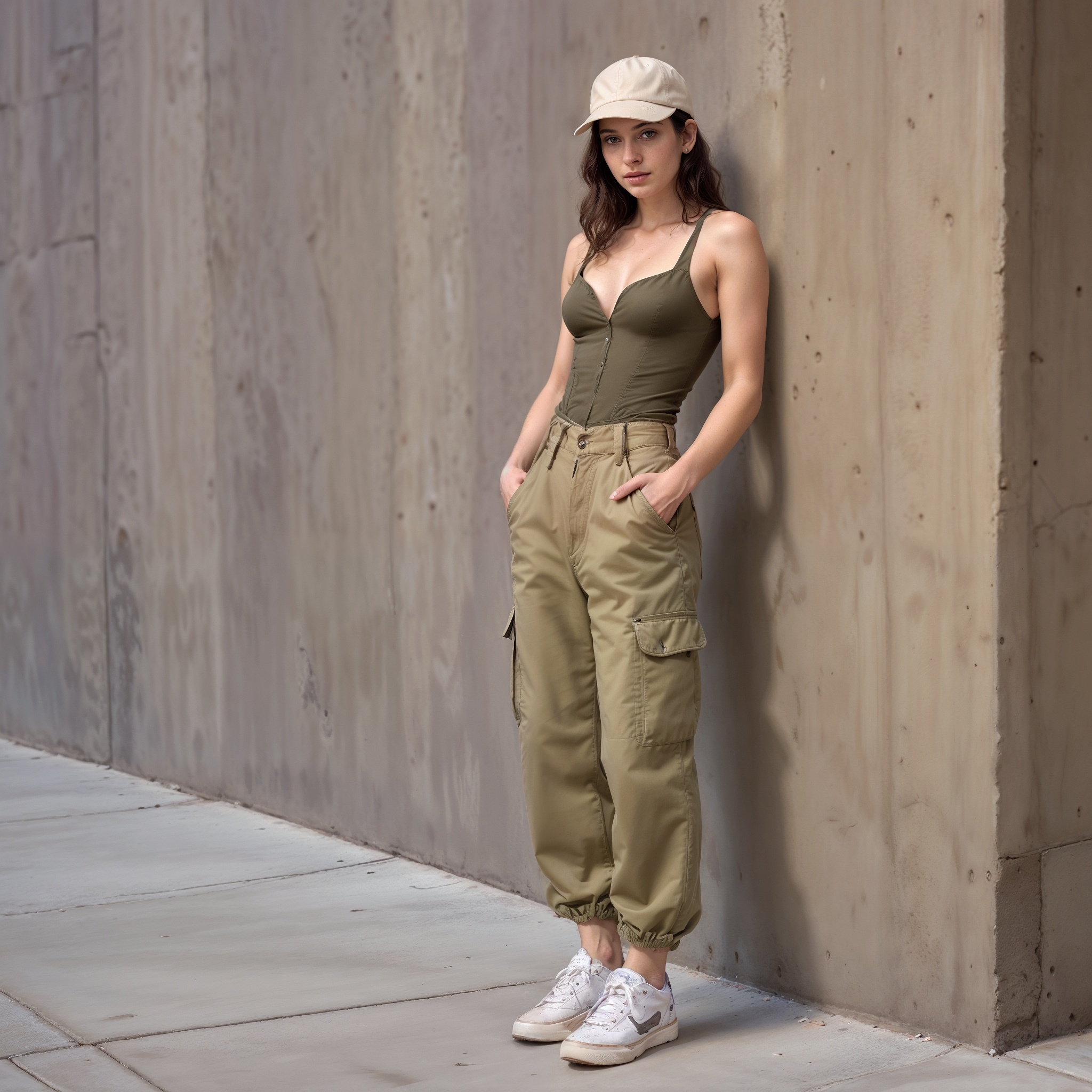 Olive Green Cortest Top With Cargo Pants And Sneakers