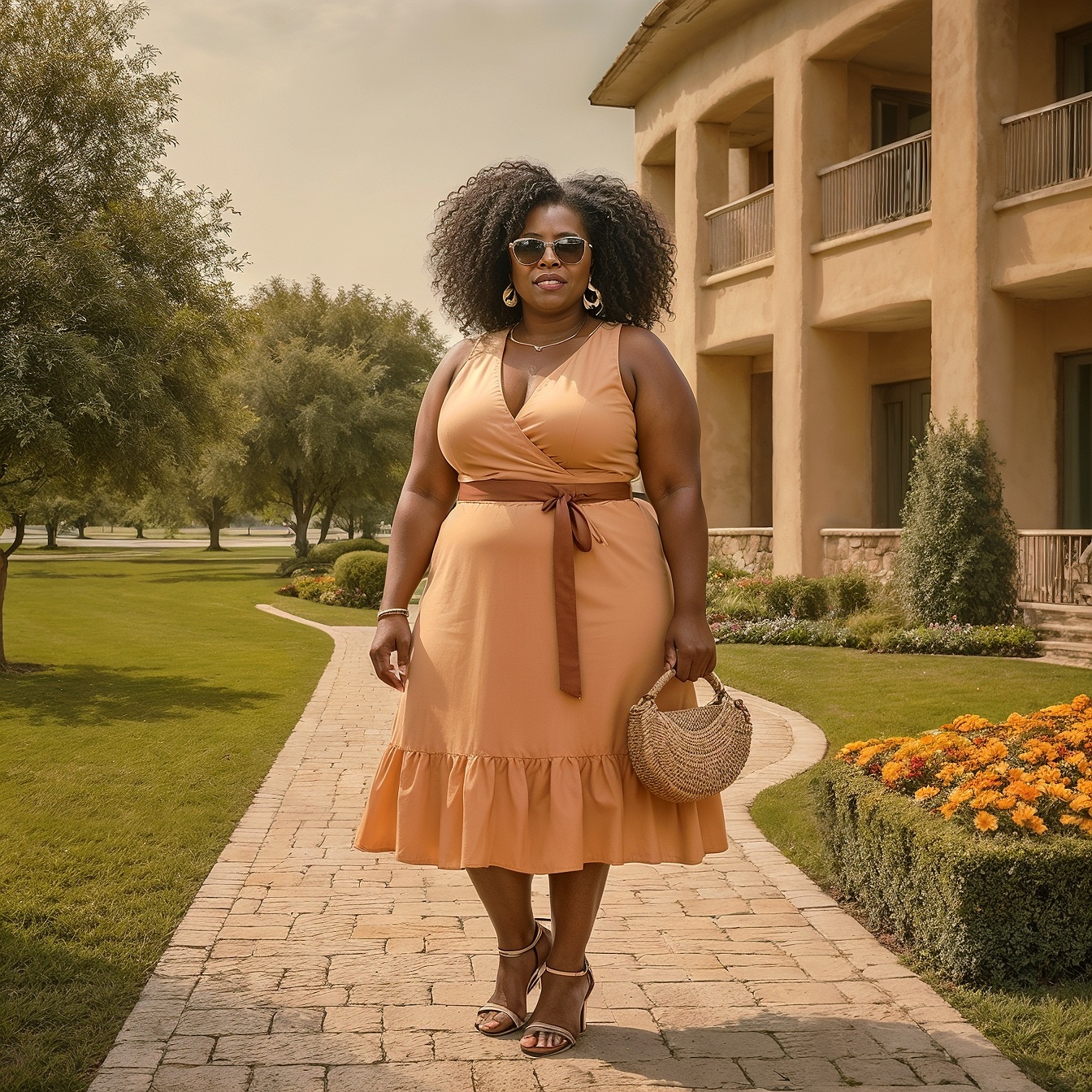 Peach Sleeveless Dress With a Tan Belted Waist