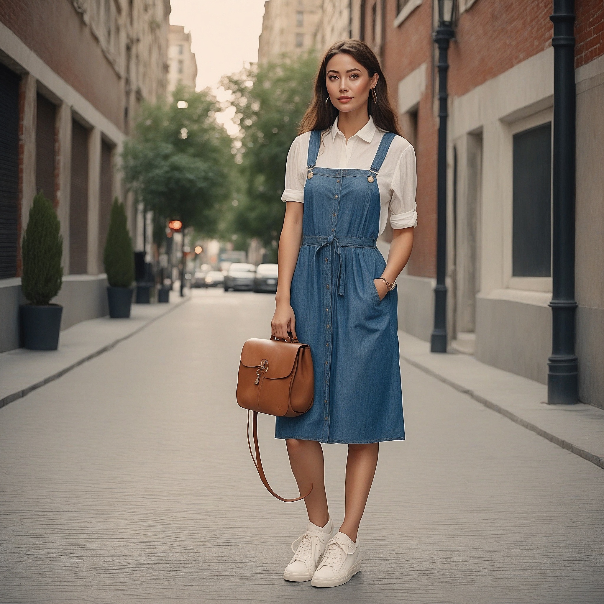 Pinafore Dress With Botton Down Shirt And White Sneakers