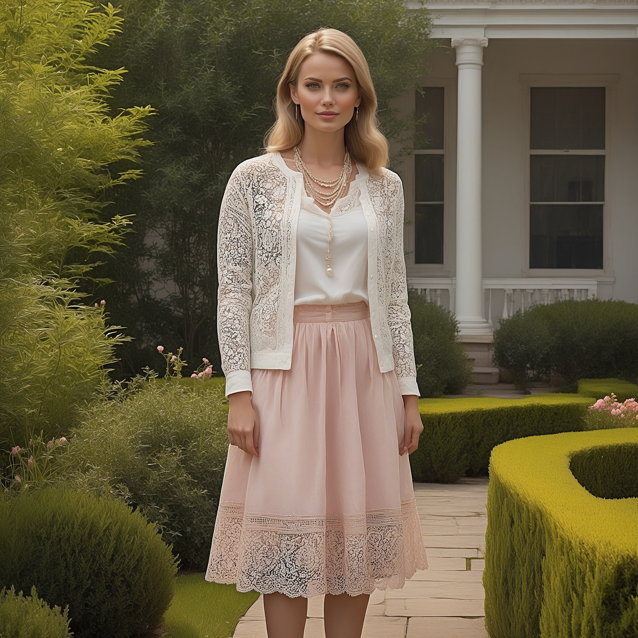 Pink A-Line Maxi Skirt With White Blouse And Light White Cardigan