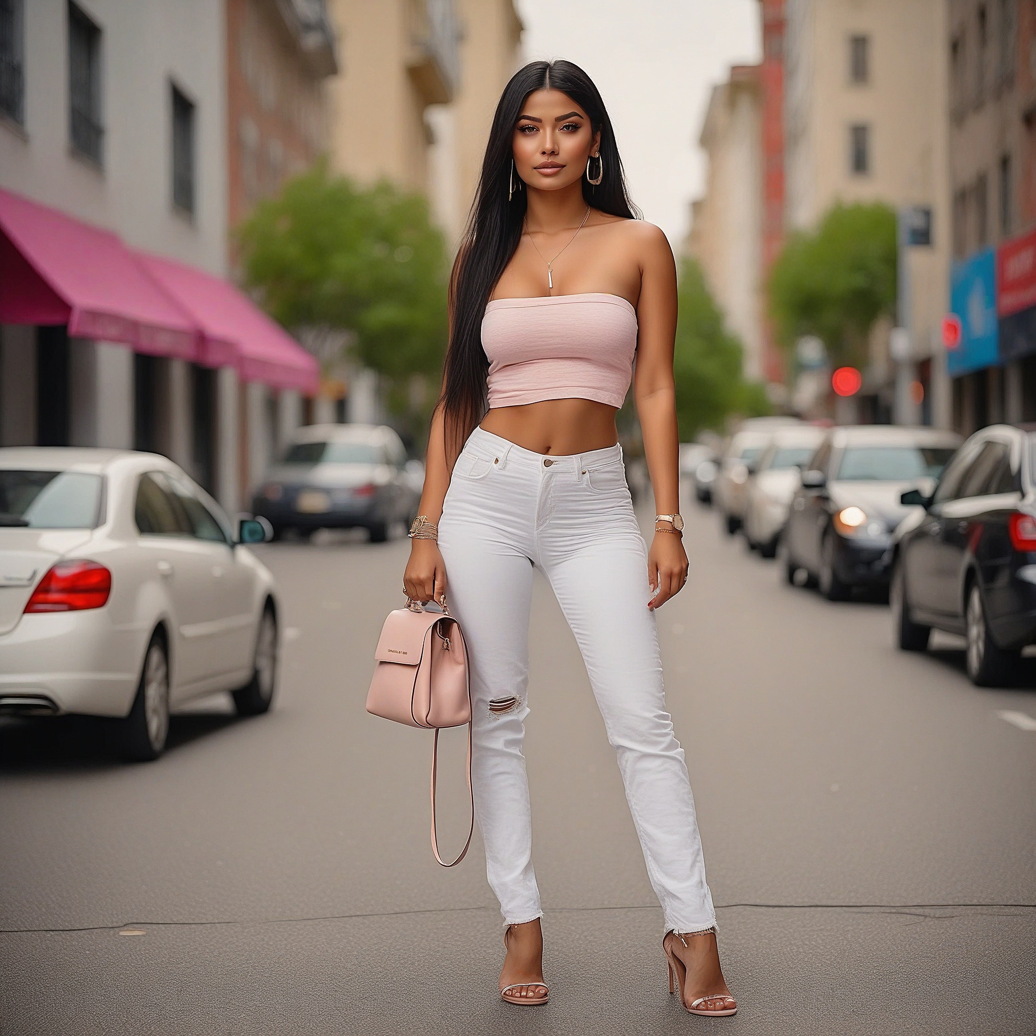 Pink Tube Top and White Jeans