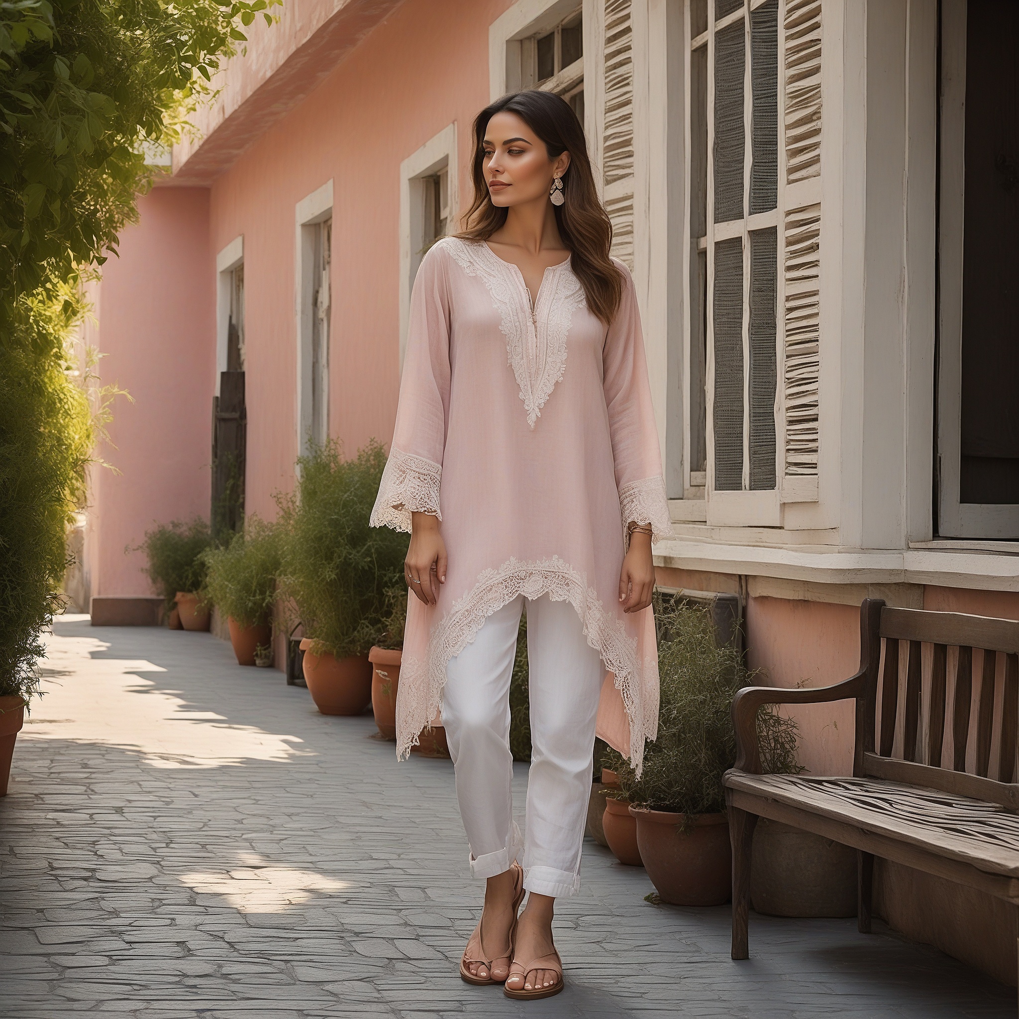 Pink Tunic With White Lace, Linen Pants And Sandals