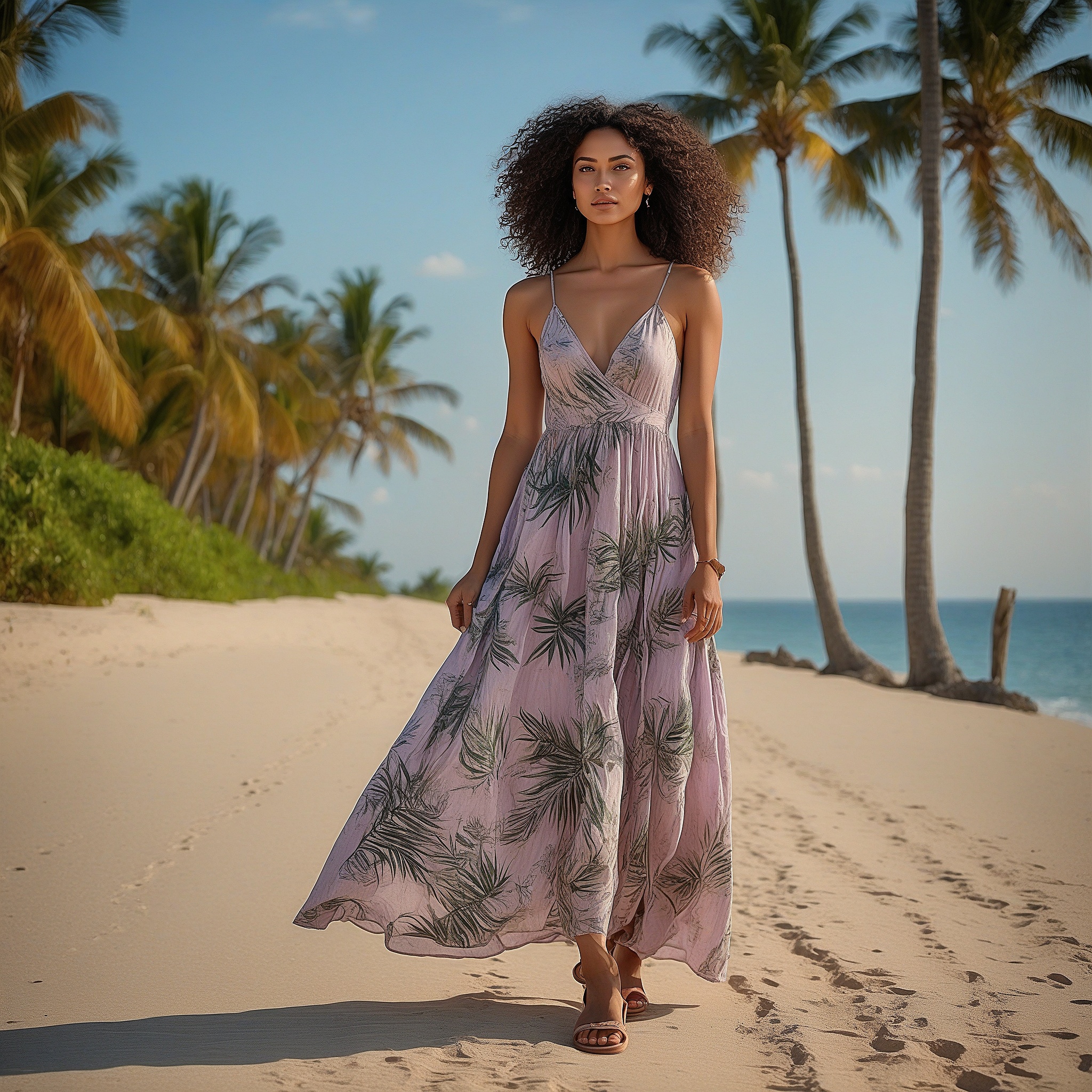 Purple Maxi Dress With Tropical Leaf Prints