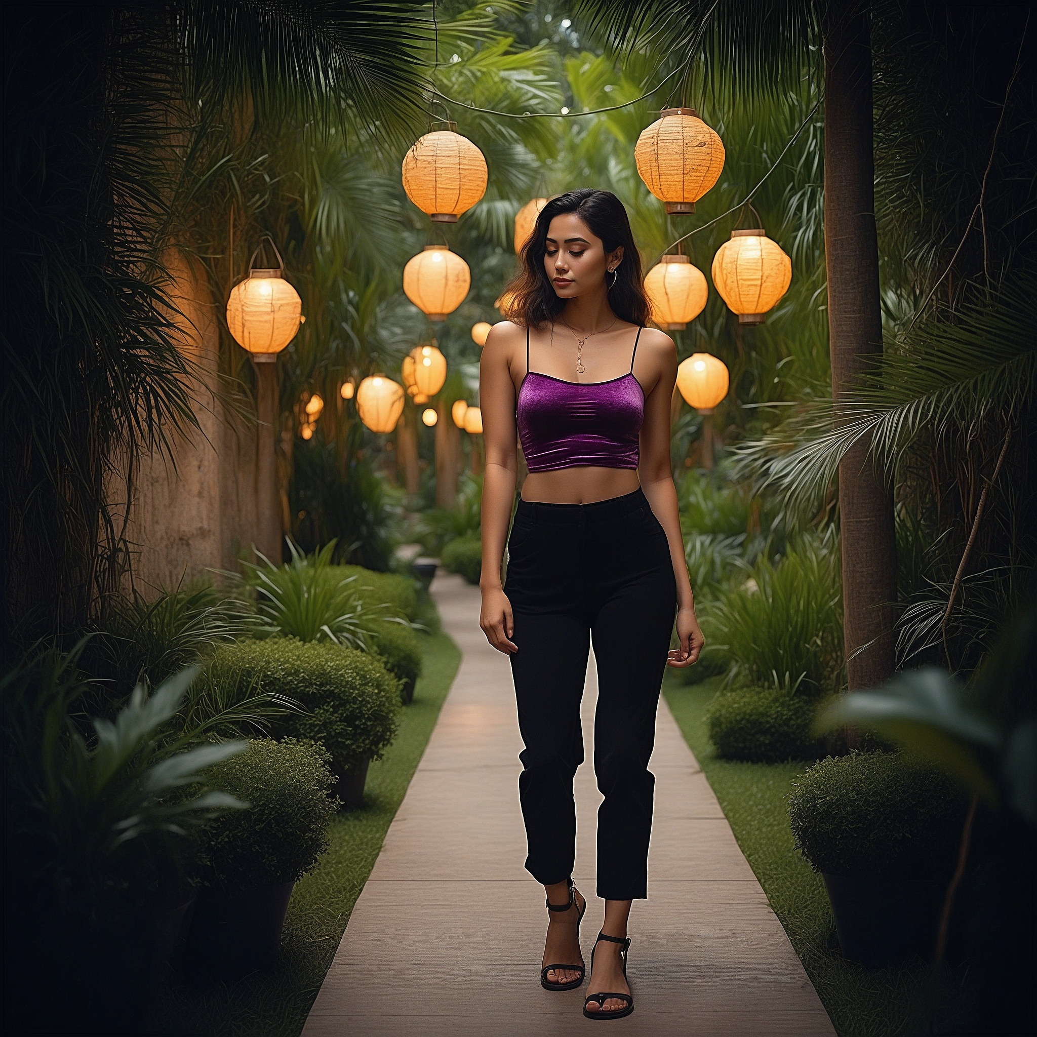 Purple Velvet Top And Black High Waisted Pants