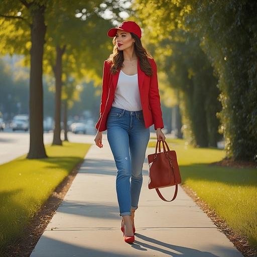 Red Jacket, White Top, Jeans And Red Heels