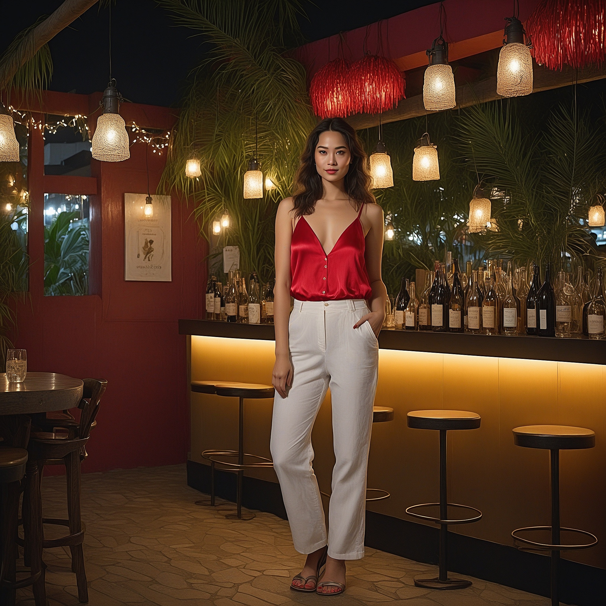 Red Satin Camisole And White Linen Pants