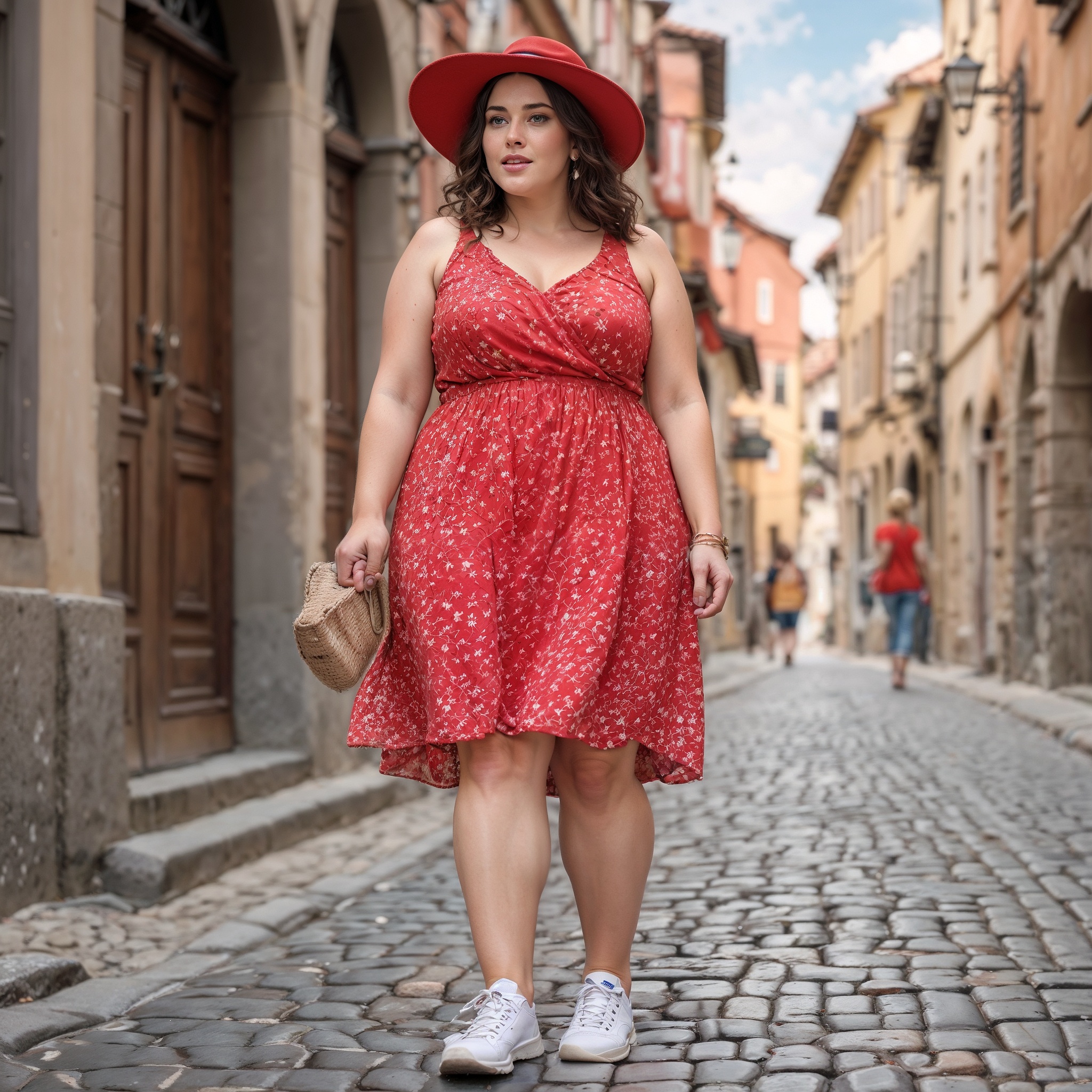 Sleeveless Red Summer Dress, With White Canvas Sneakers