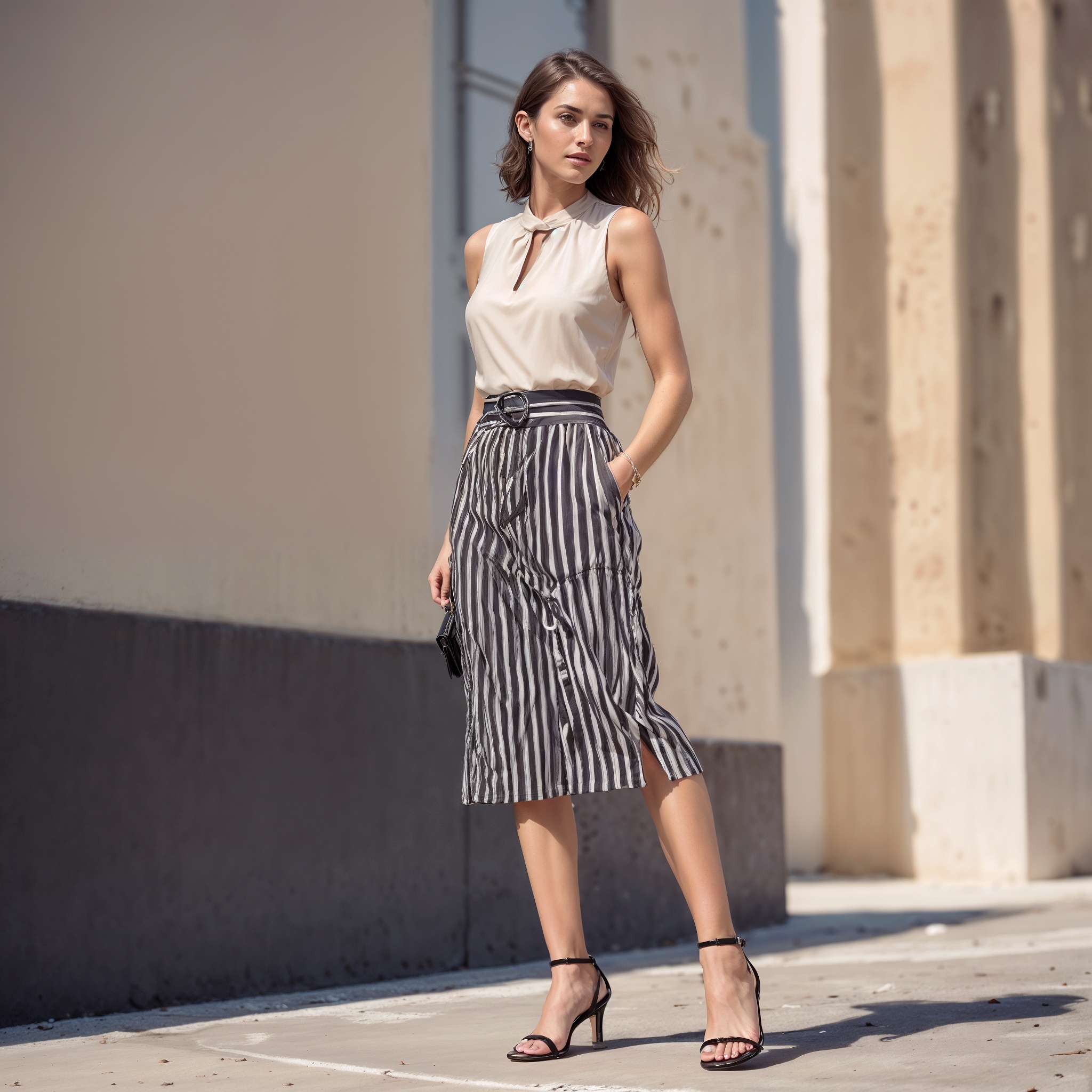 Sleeveless beige top with a keyhole neckline, paired with a black and white striped skirt1,