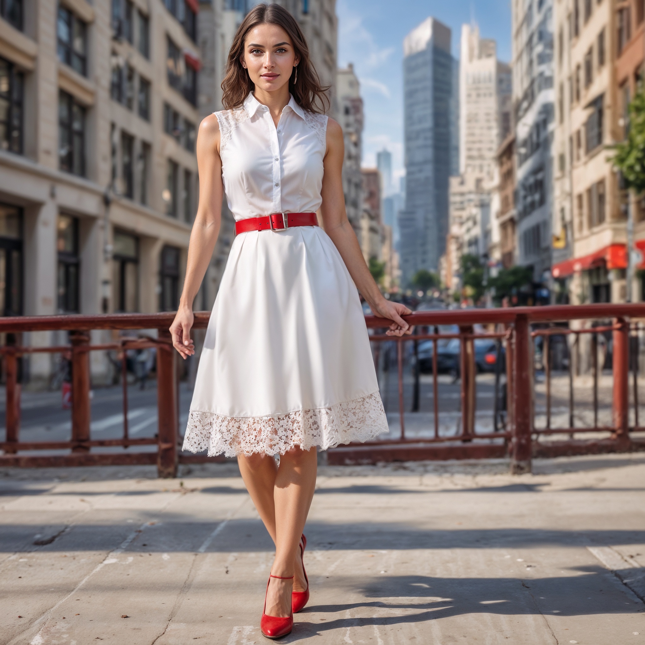 Sleeveless fit and flare white dress with red accessories1