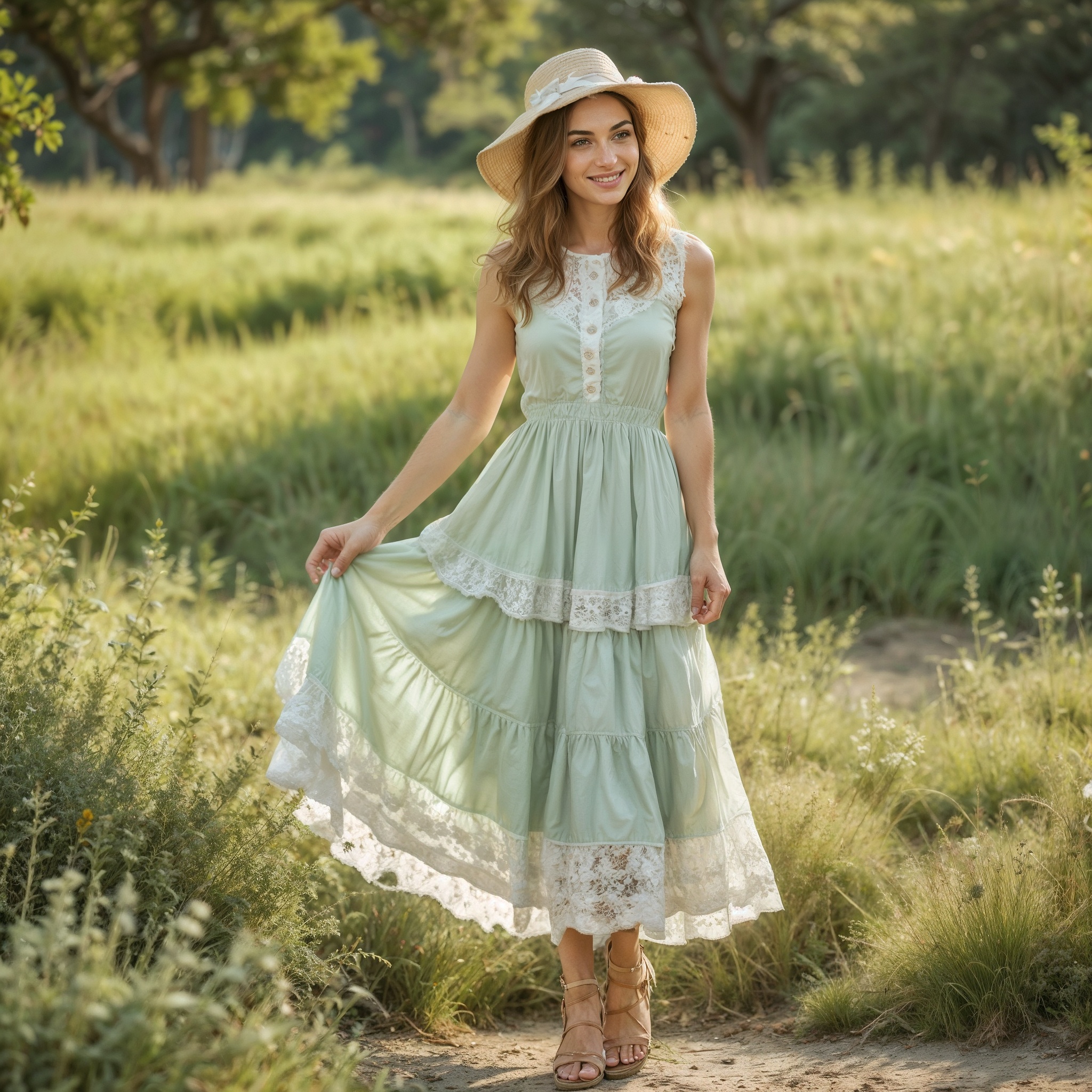 Sleevless Ankle-Length Tiered Mint Green Dress With Lace Details