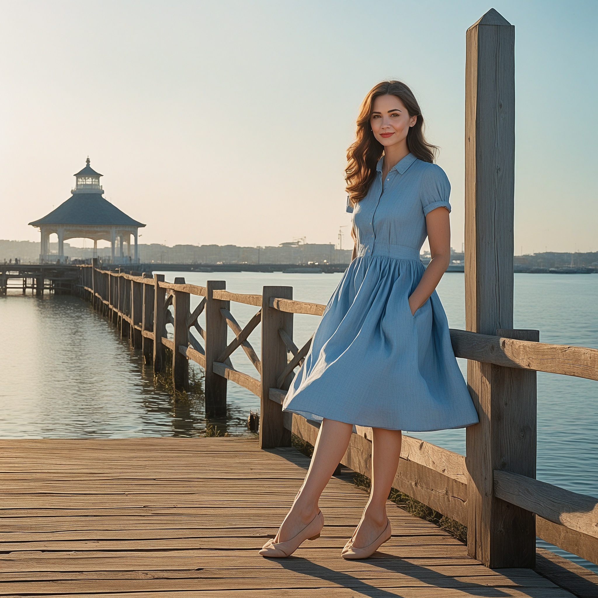 Soft Blue Chambray Dress With Ballet Flats