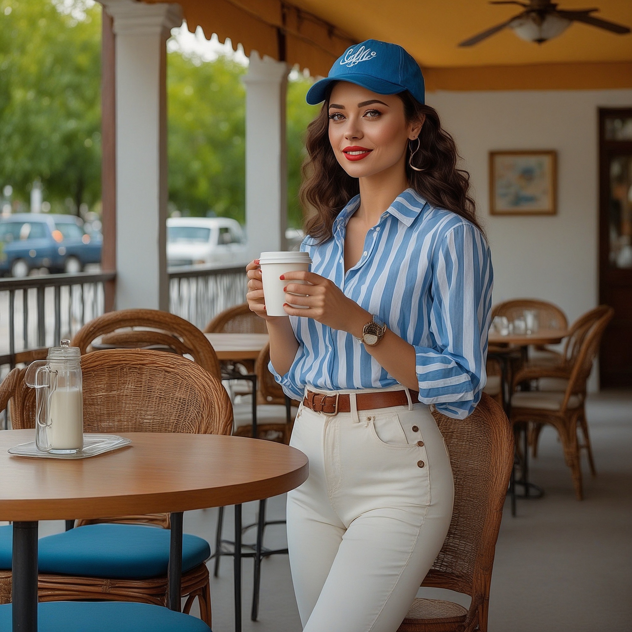 Striped Button-up Shirt, White Capri Pants, and Loafers.