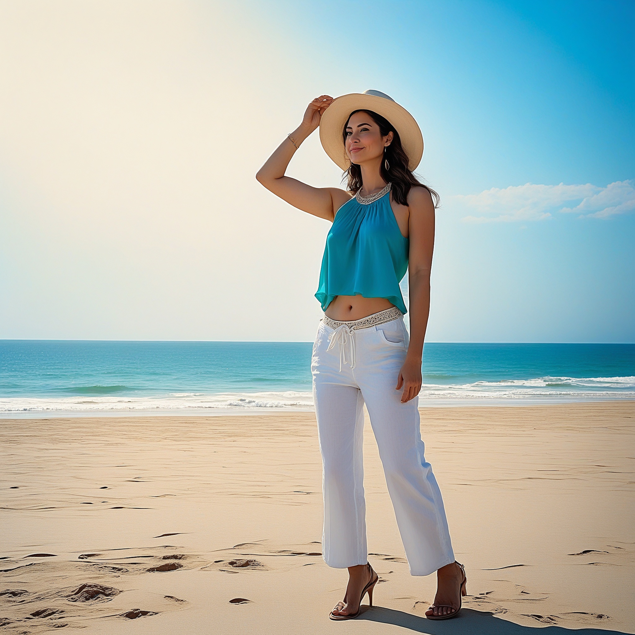 Turquoise Halter Top With White Linen Pants