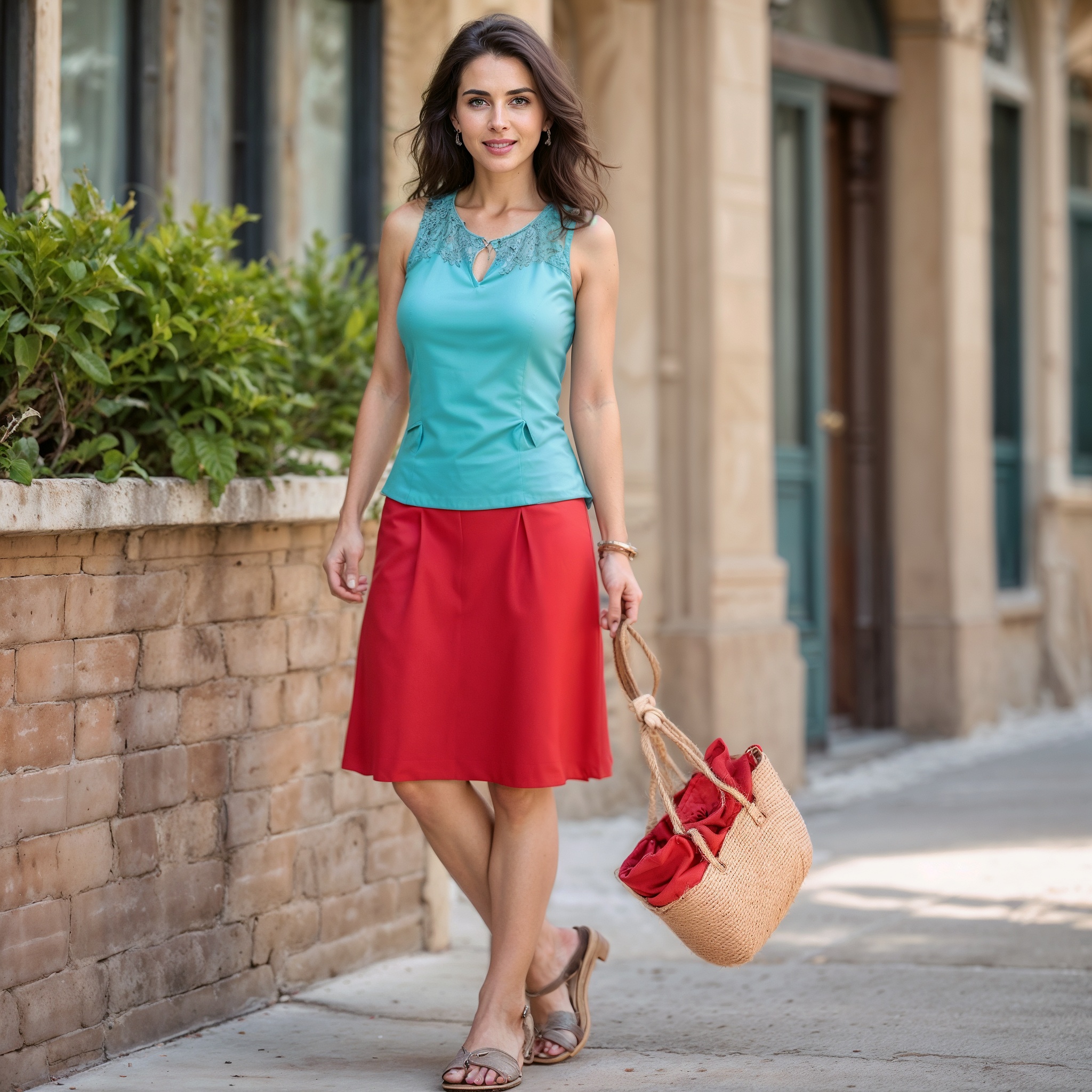 Turquoise sleeveless top with lace trim, paired with a knee-length red skirt,