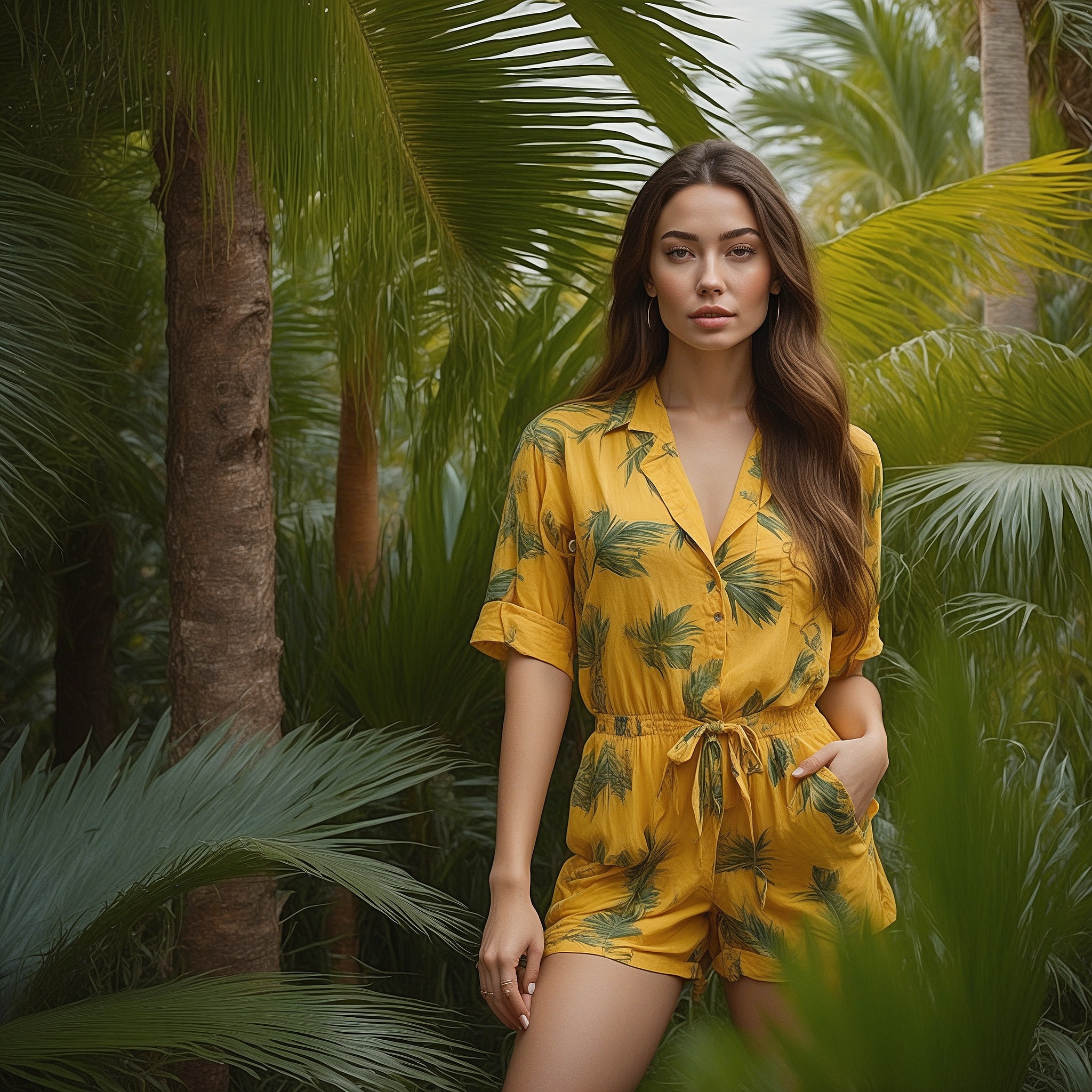 Vibrant Yellow Button Romper With Palm Tree pAttern