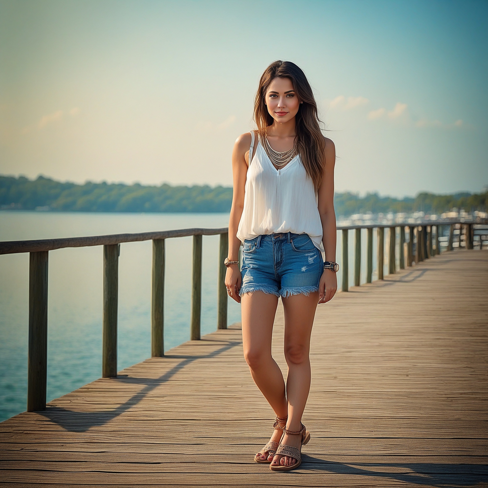 White Chiffon Sleeveless Blouse And Denim Shorts