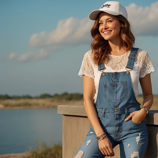 White Lace Short Sleeved Blouse And Disressed Denim Overalls