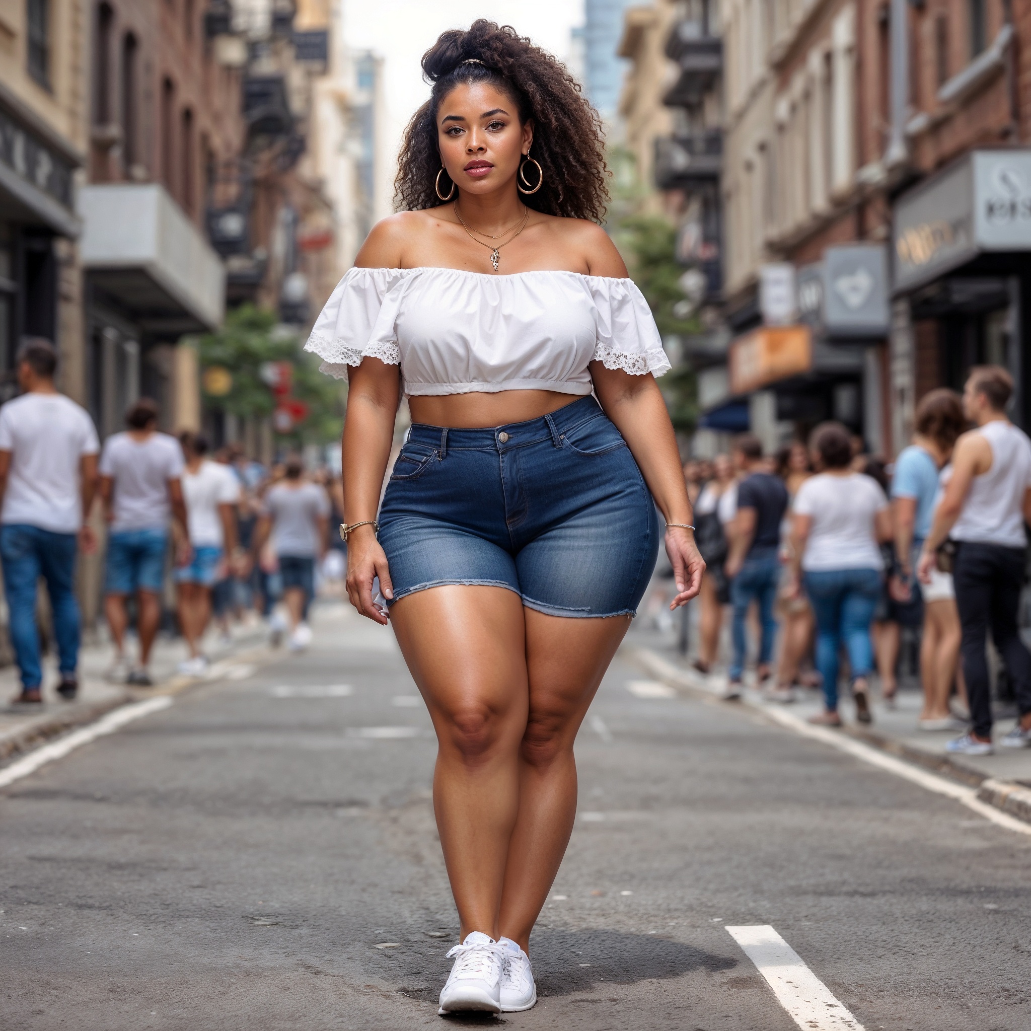 White Off-shoulder Crop Top With Lace Detail With High-waisted Denim Shorts