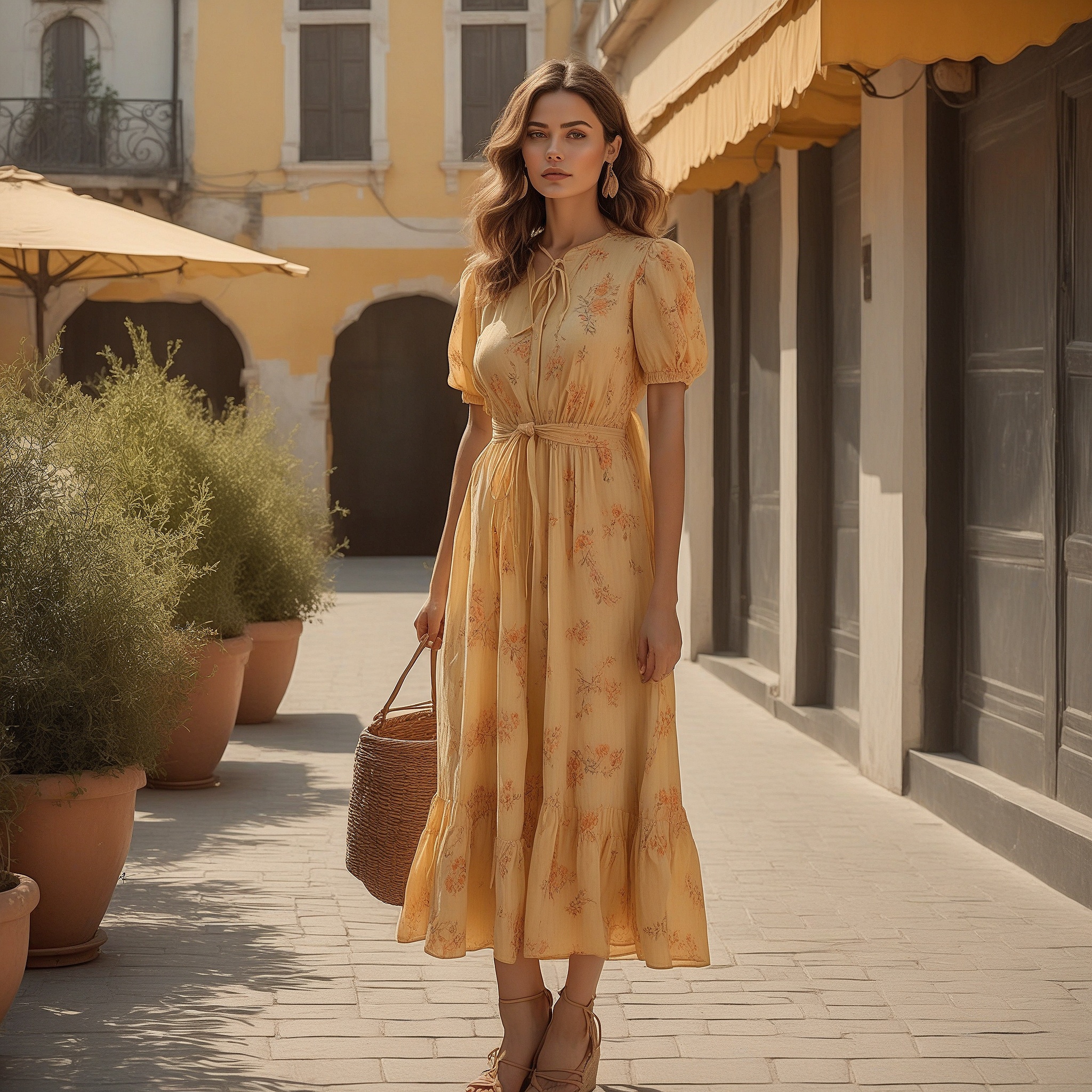 Yellow Midi Dress With Gathered Waist And Puff Sleeves and Lace-up Espadrilles