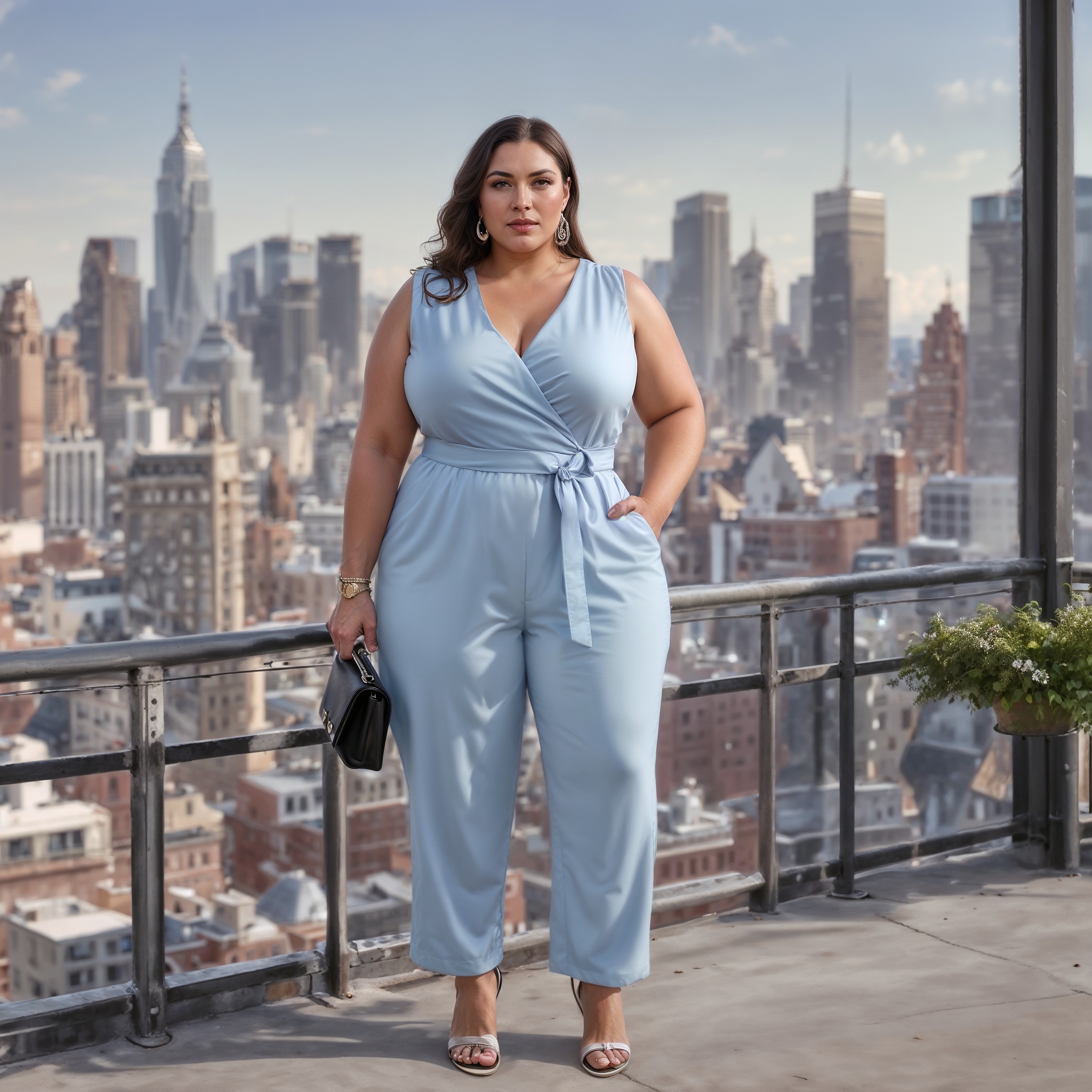 blue sleeveless jumpsuit with a belt