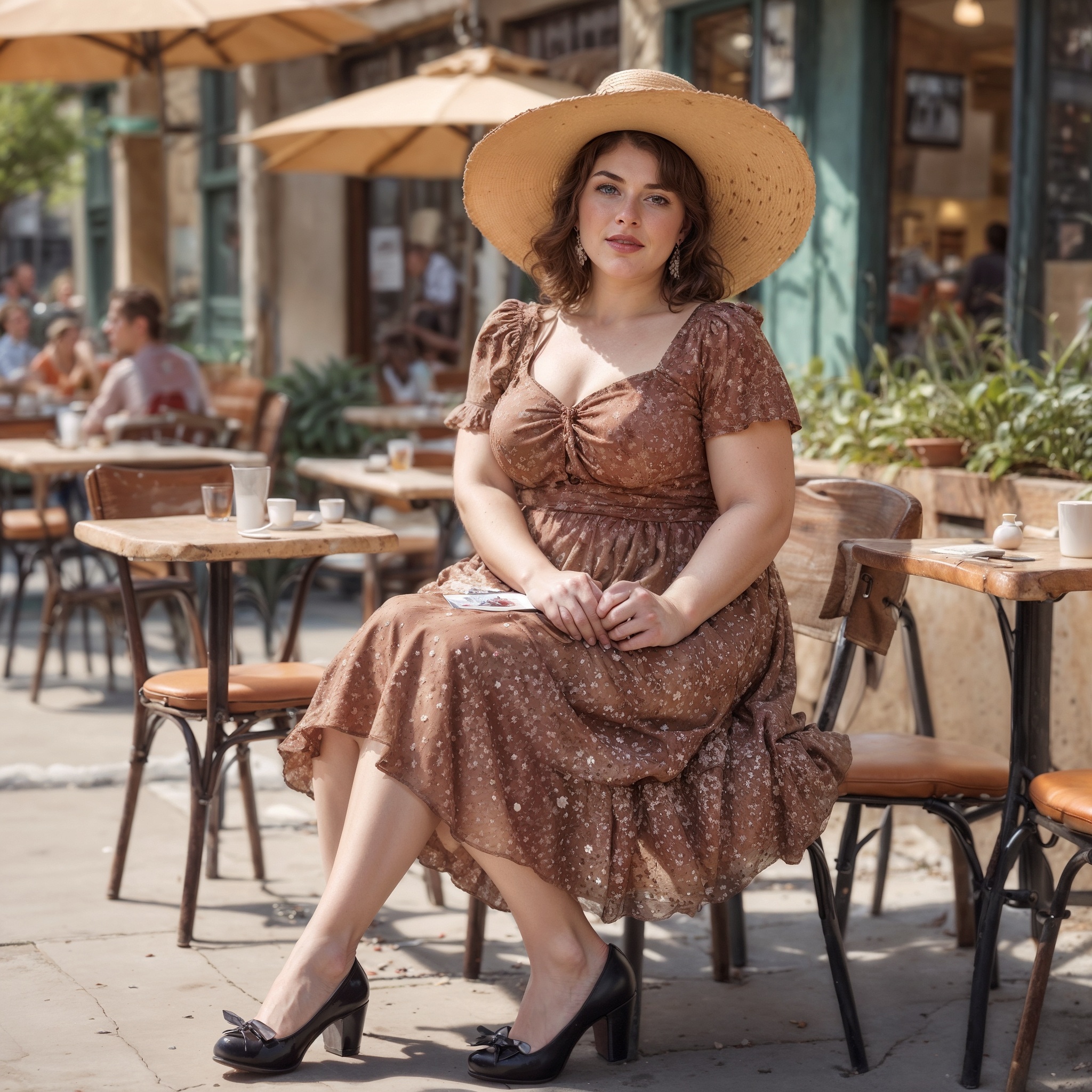 brown polka dot dress with a sweetheart neckline