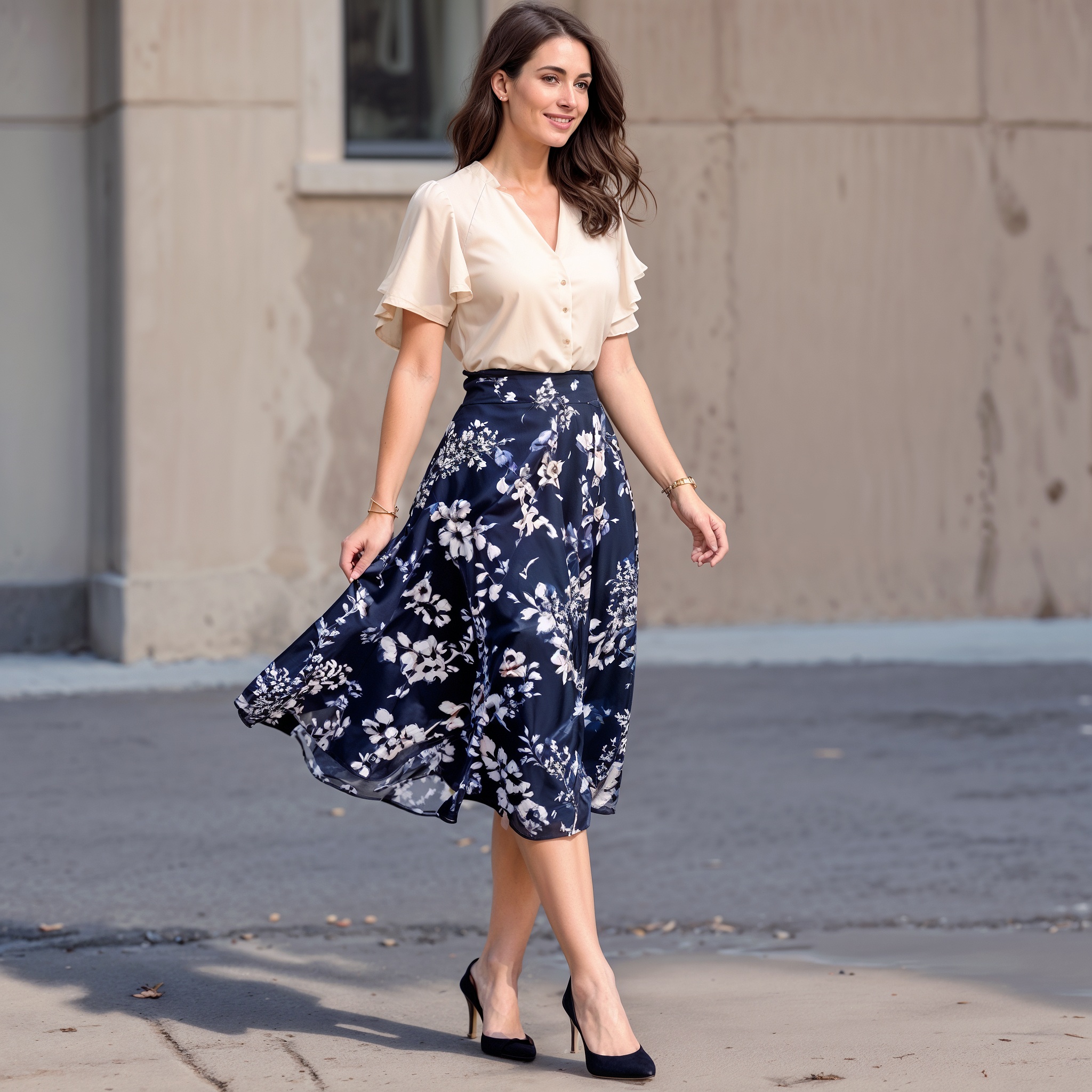 cream-colored blouse with flutter sleeves, navy blue abstract floral midi skirt