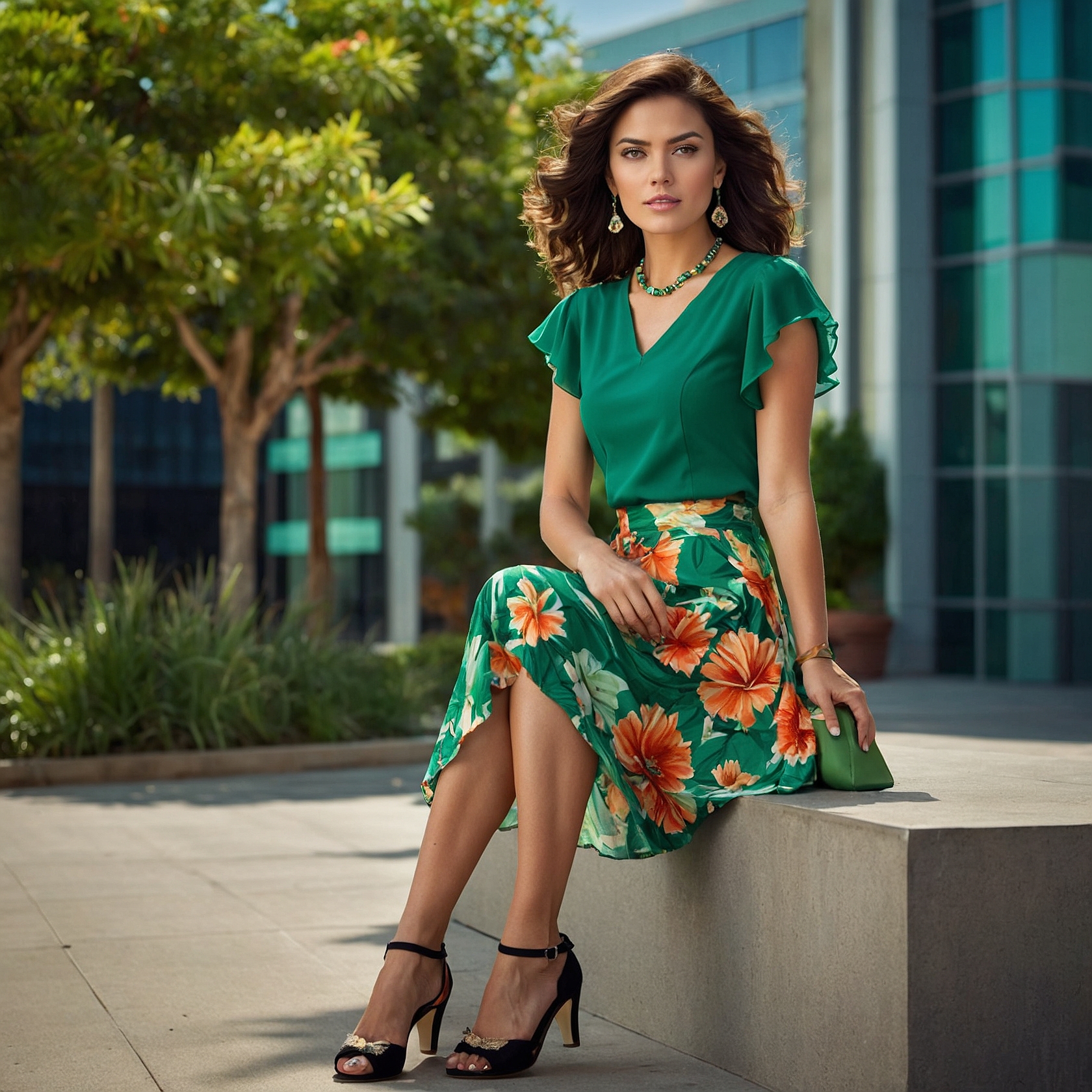 emerald green V-neck top with flutter sleeves, paired with a vibrant floral skirt