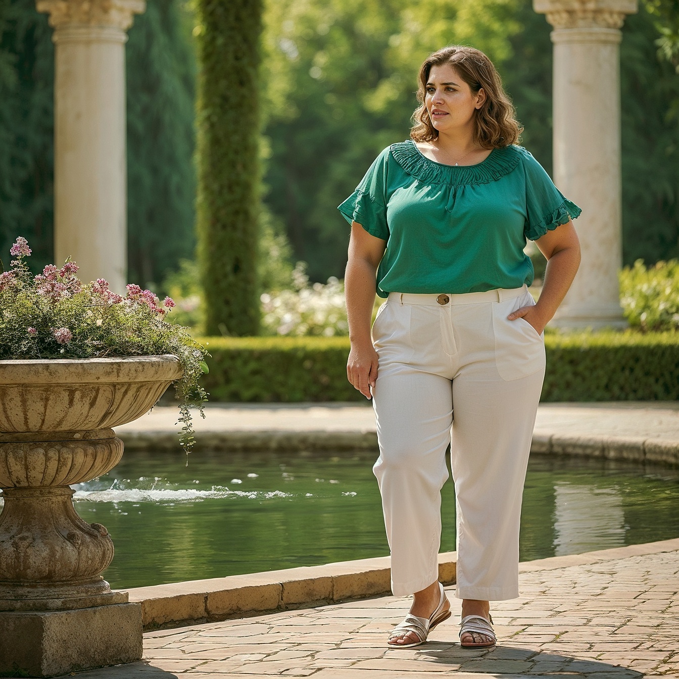 green ruffled top and white linen pants2