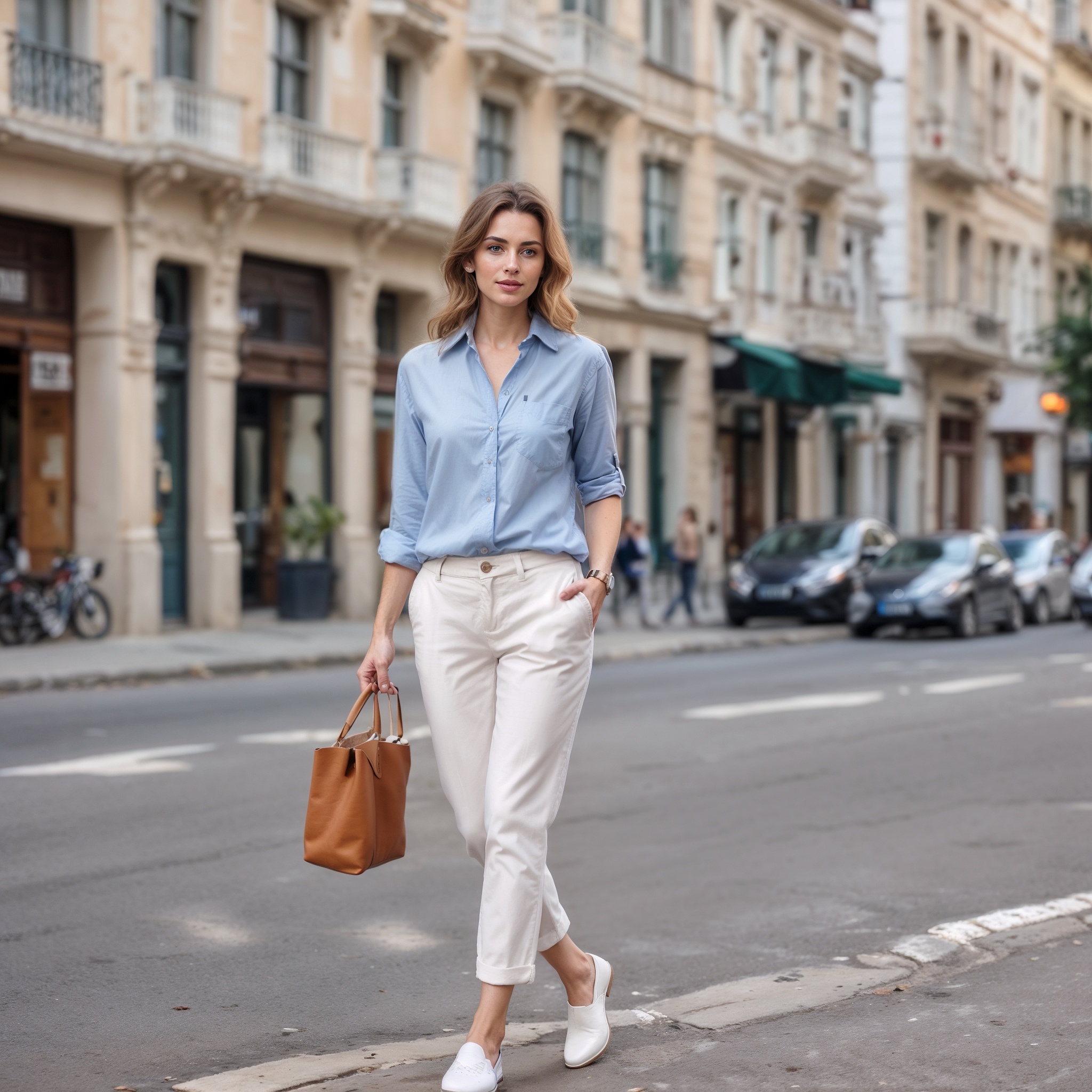 light blue chambray shirt with rolled-up sleeves, paired with white cropped trousers