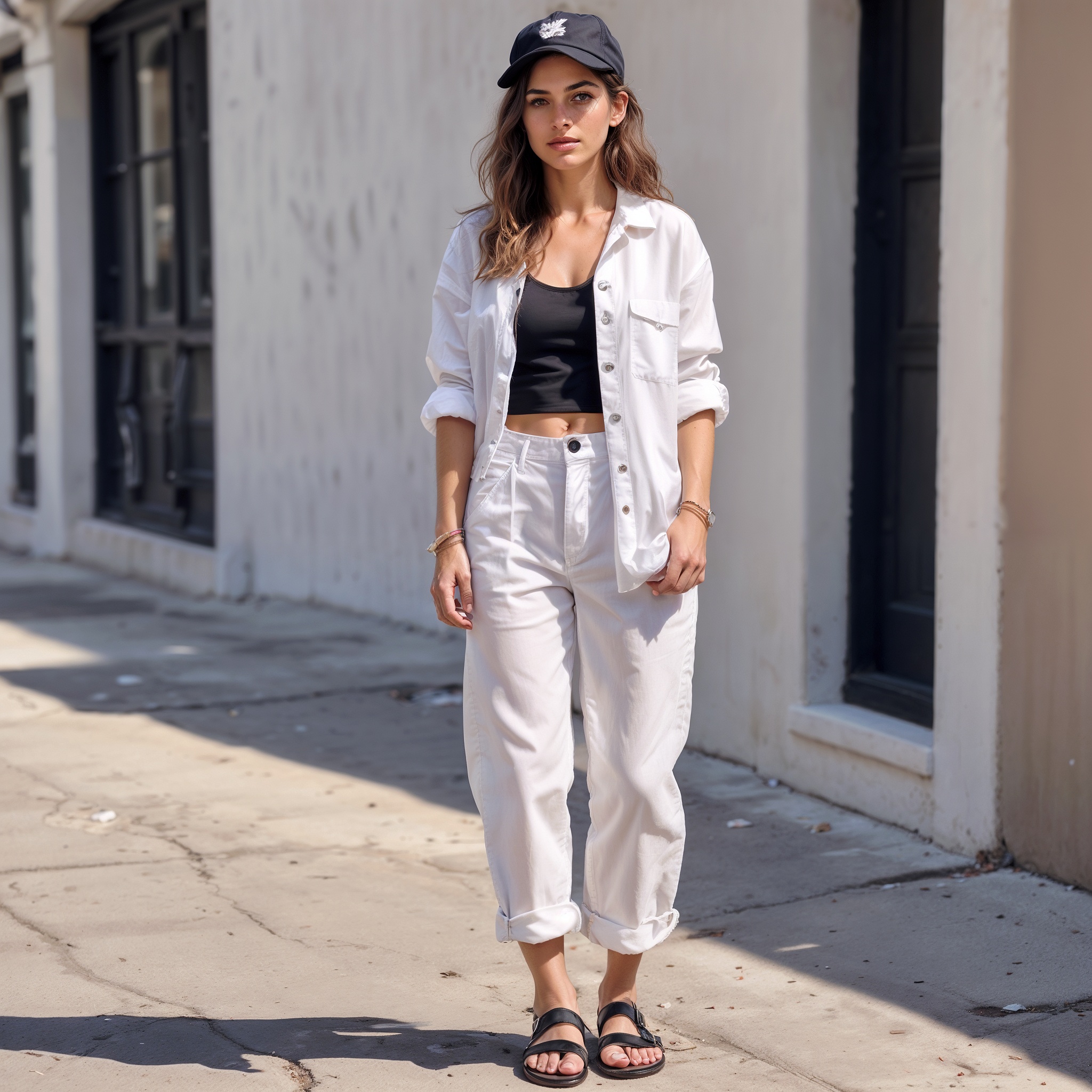 oversized white linen button-down shirt over a tube top, black baseball cap, and black sandals